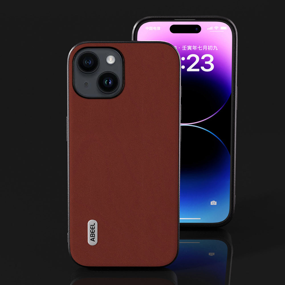 Uniqkart For iPhone 15 Plus Silky Feeling Genuine Cow Leather+TPU+PC Cover Anti-Scratch Cell Phone Case - Coffee