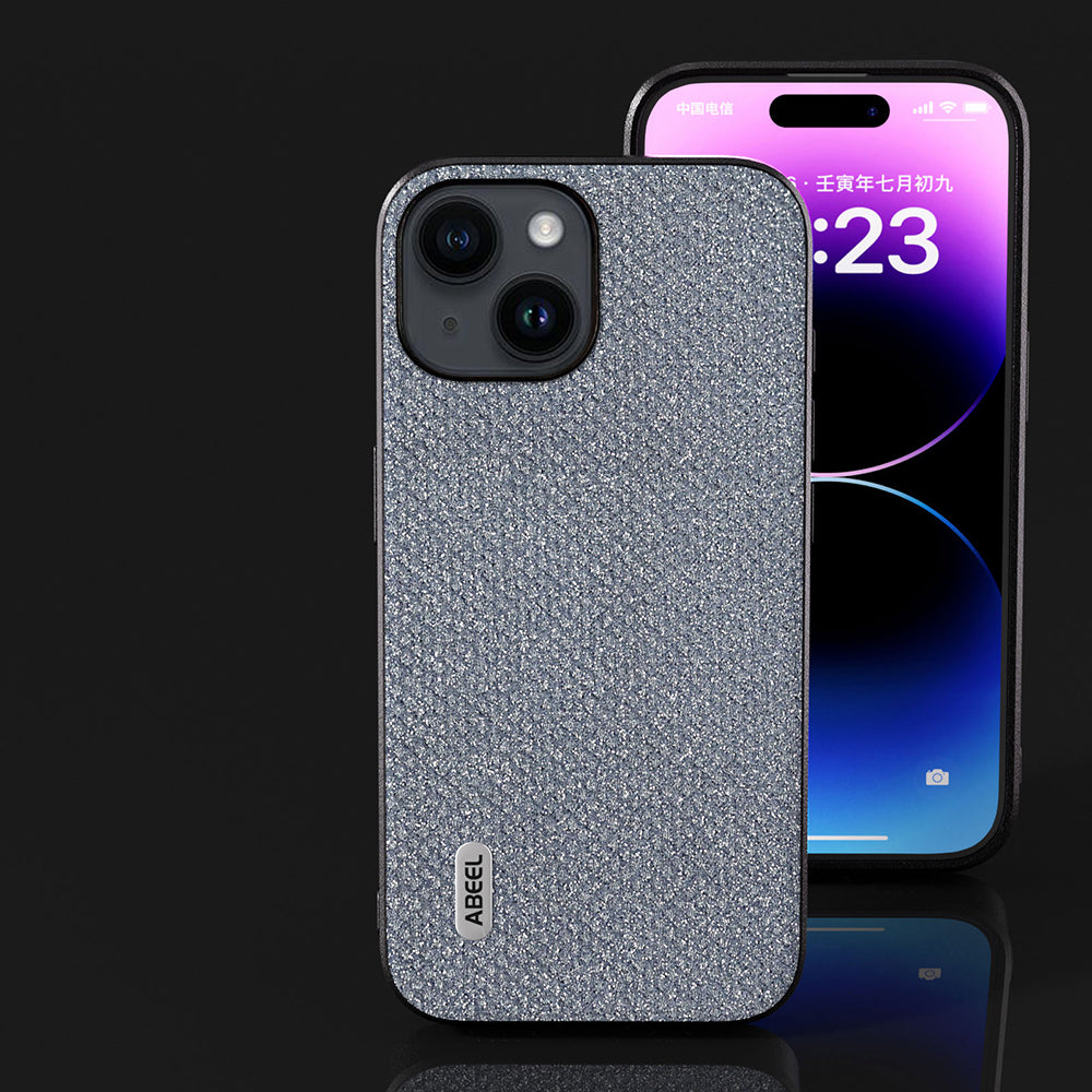 Uniqkart For iPhone 15 Glitter Rhinestone Texture Cover PU Leather+PC+TPU Shockproof Phone Case - Grey
