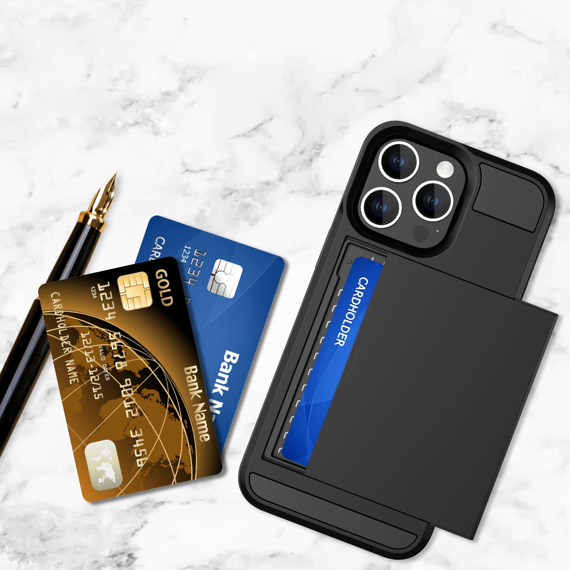 Sliding Card Holder Phone Case for iPhone 15 Plus , Anti-drop PC + TPU Back Cover - Black