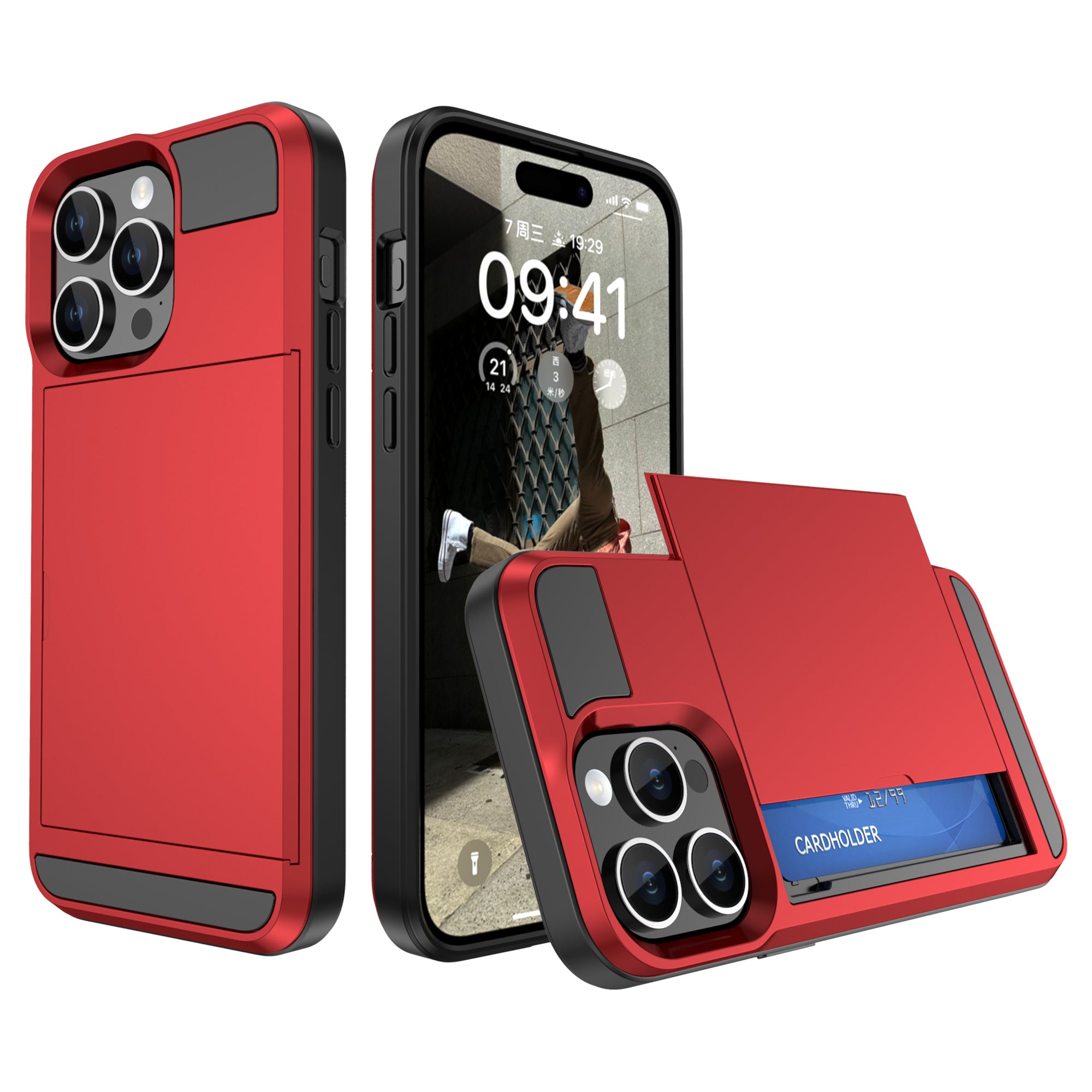 Sliding Card Holder Phone Case for iPhone 15 Plus , Anti-drop PC + TPU Back Cover - Red