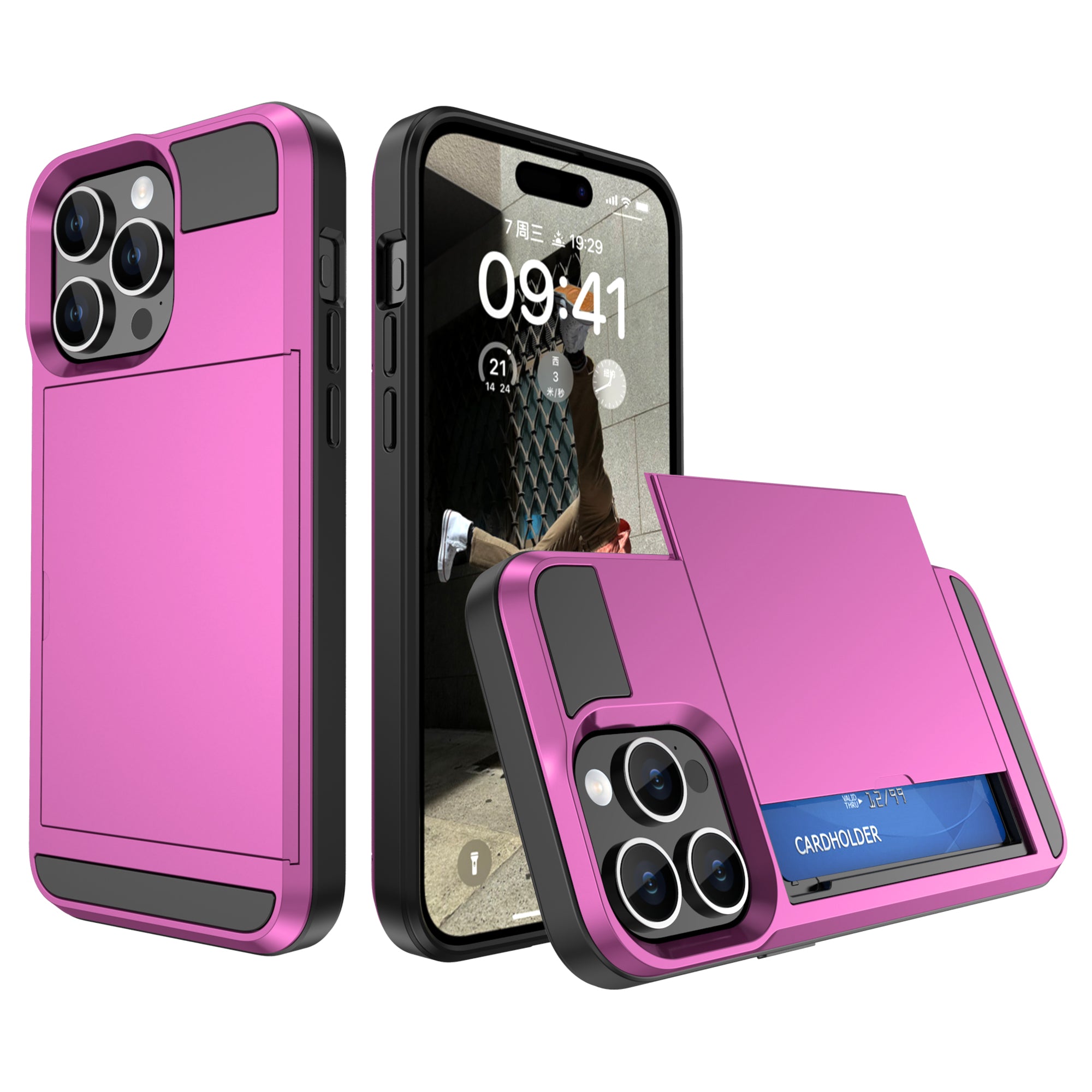 Sliding Card Holder Phone Case for iPhone 15 Plus , Anti-drop PC + TPU Back Cover - Pink