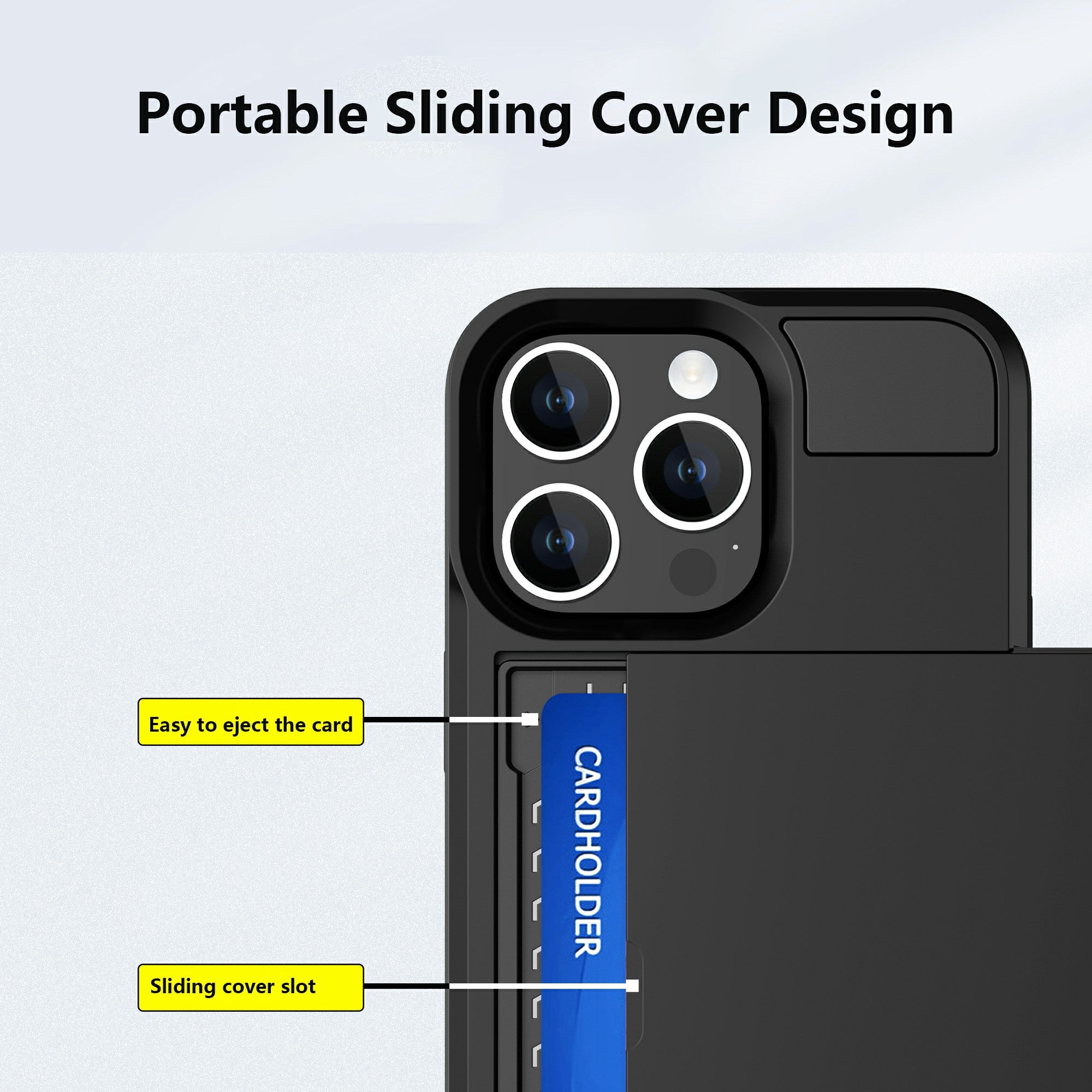 PC + TPU Phone Cover for iPhone 15 , Sliding Card Holder Anti-scratch Back Case - Navy Blue