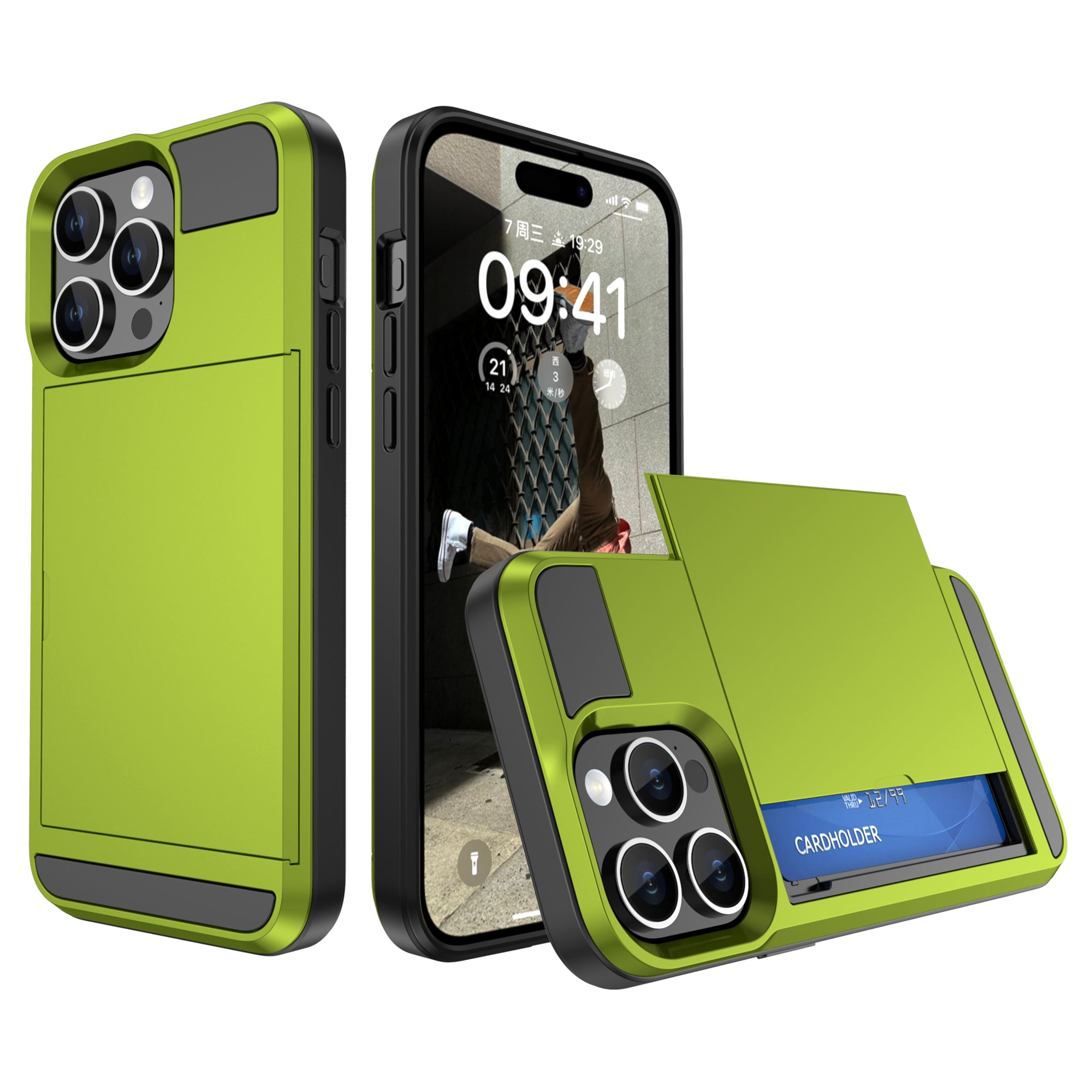 Uniqkart for iPhone 15 Pro Sliding Card Holder Cover Anti-drop PC+TPU Phone Case - Green