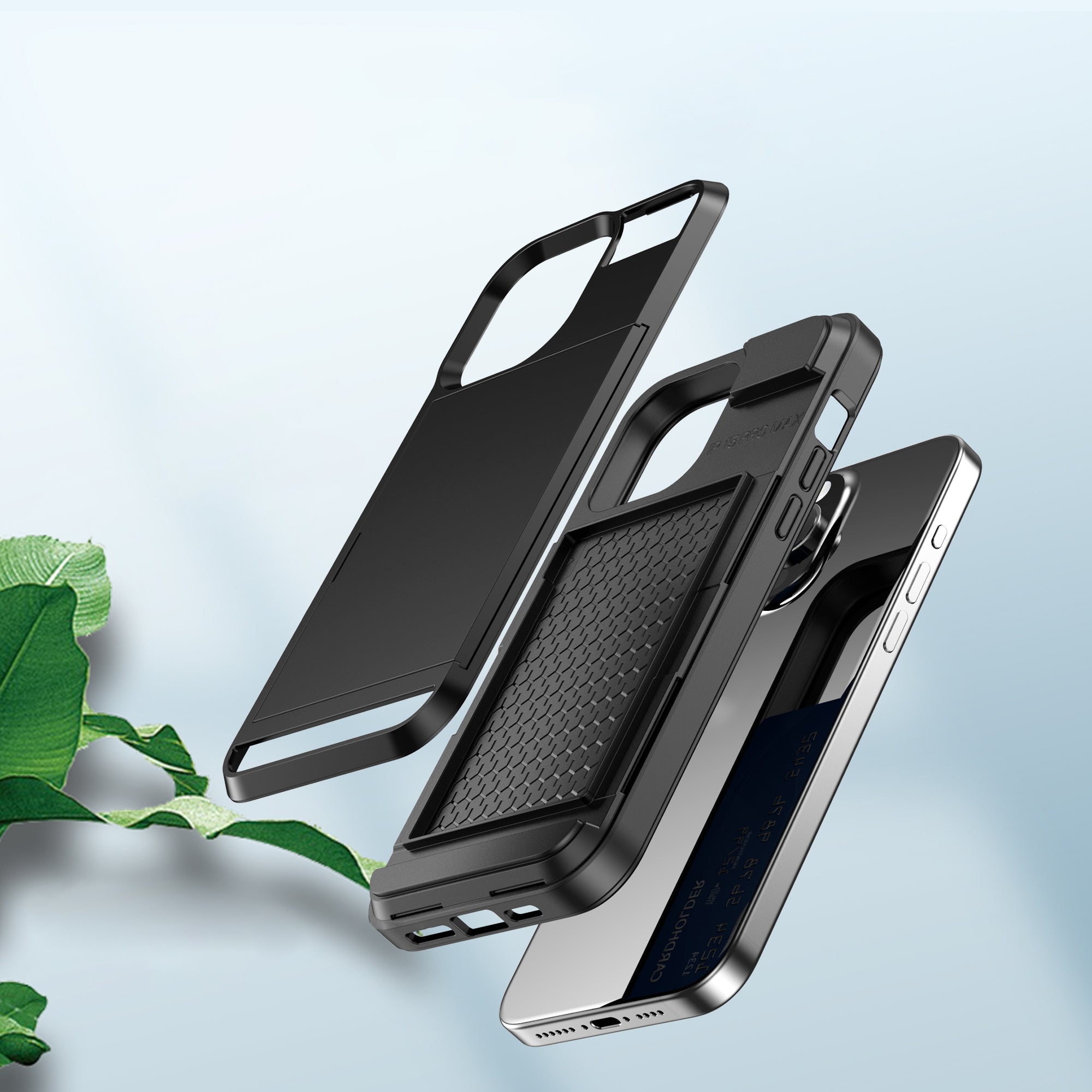 Uniqkart for iPhone 15 Pro Sliding Card Holder Cover Anti-drop PC+TPU Phone Case - Green