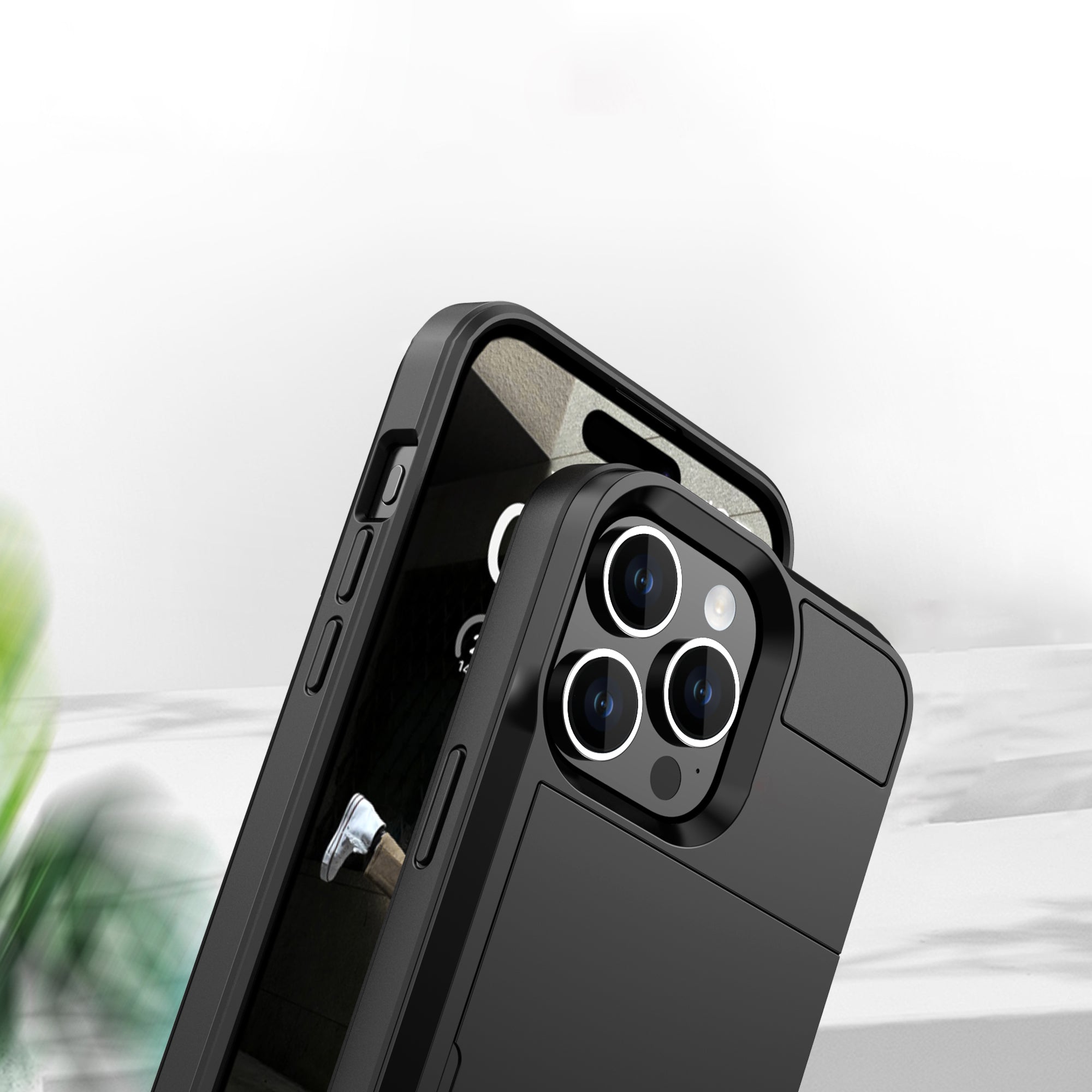Uniqkart for iPhone 15 Pro Sliding Card Holder Cover Anti-drop PC+TPU Phone Case - Green