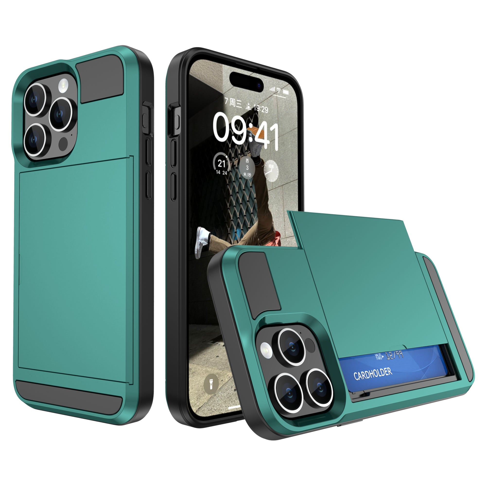 Uniqkart for iPhone 15 Pro Sliding Card Holder Cover Anti-drop PC+TPU Phone Case - Blue