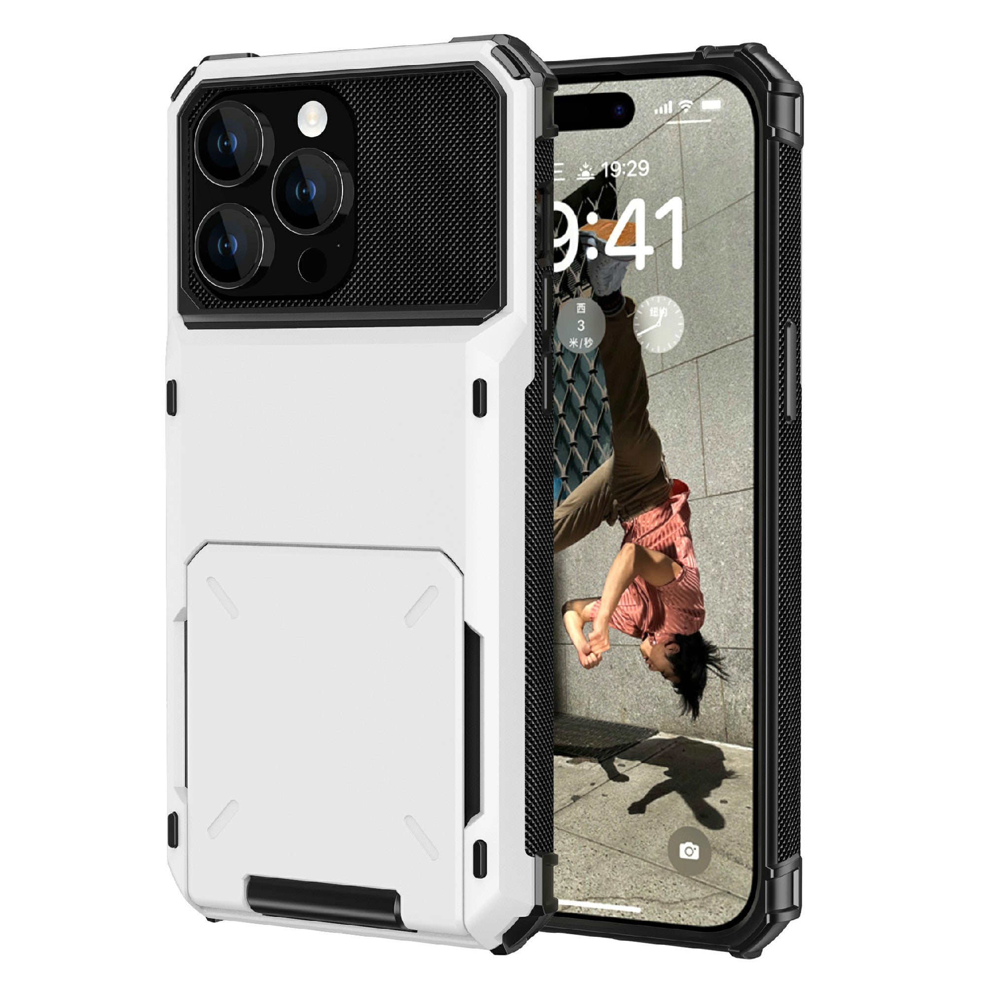 Uniqkart for iPhone 15 TPU + PC Shockproof Phone Case Flip Card Holder Back Cover - White