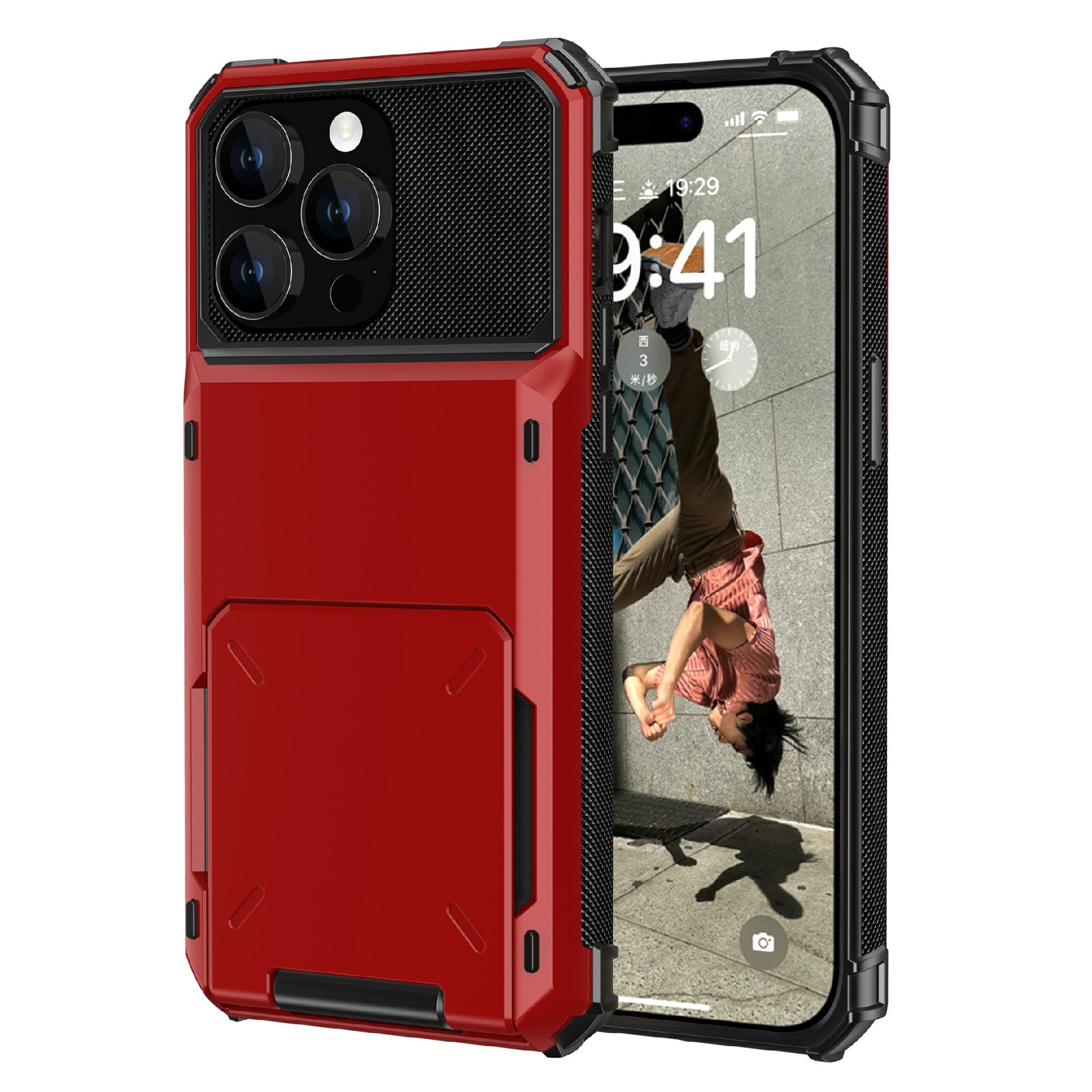 Uniqkart for iPhone 15 Plus Flip Card Holder Phone Case TPU+PC Shockproof Back Cover - Red