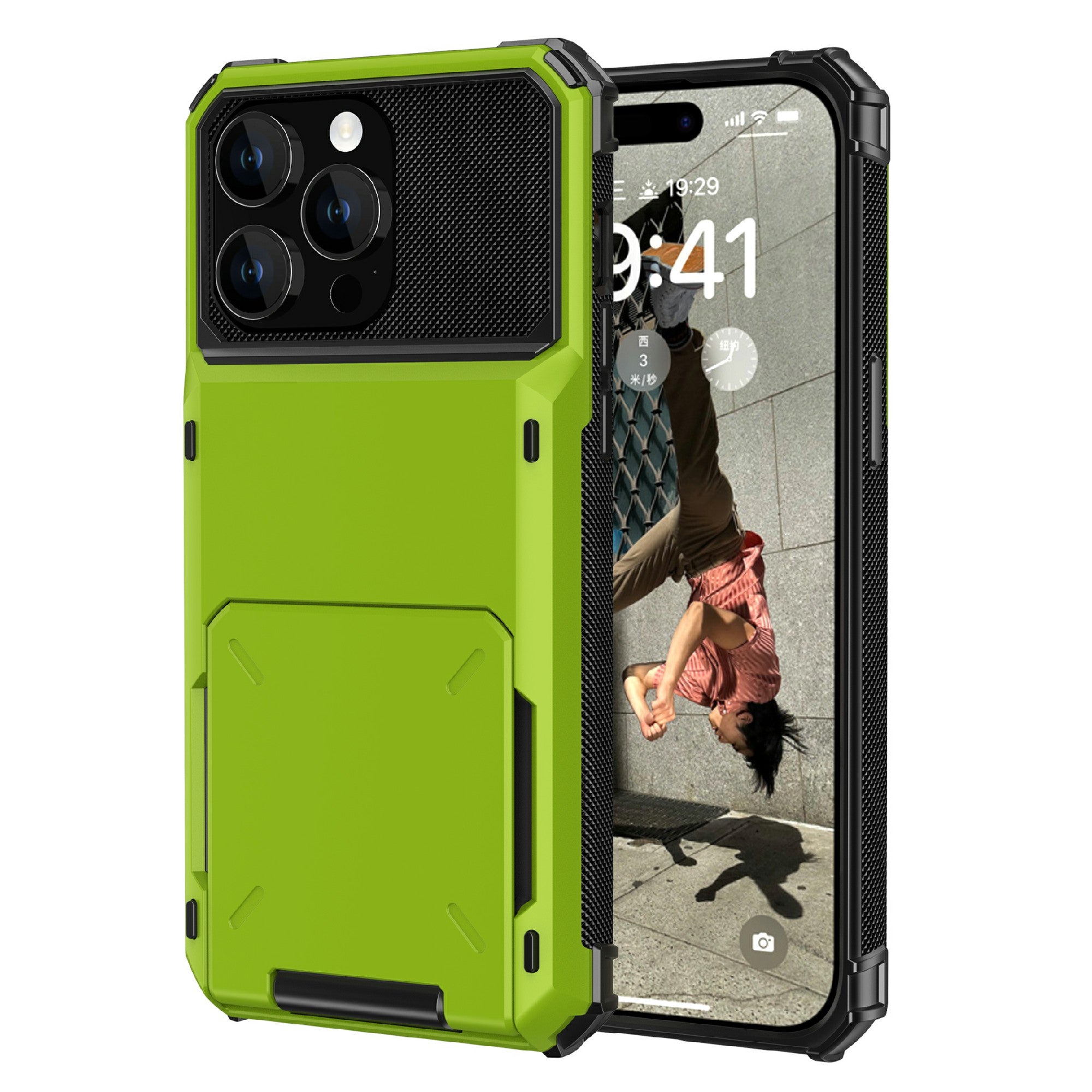 Uniqkart for iPhone 15 Pro TPU+PC Phone Case Drop-proof Back Cover with Flip Card Holder - Green