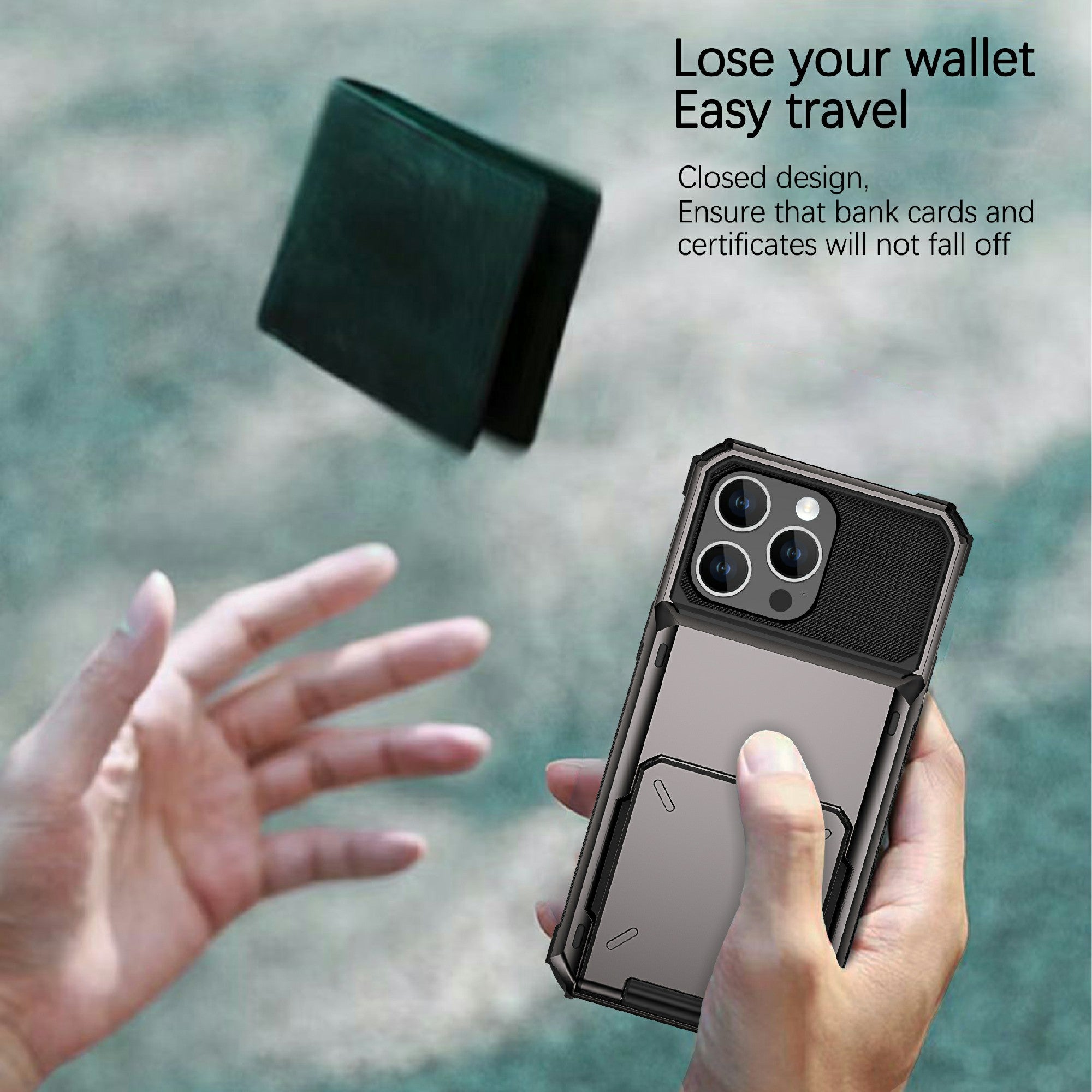 Uniqkart for iPhone 15 Pro TPU+PC Phone Case Drop-proof Back Cover with Flip Card Holder - Green