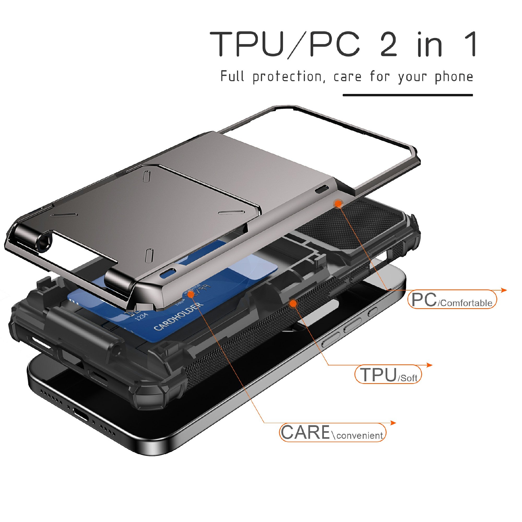 Uniqkart for iPhone 15 Pro Max Anti-drop Back Cover TPU+PC Phone Case with Flip Card Holder - Blue