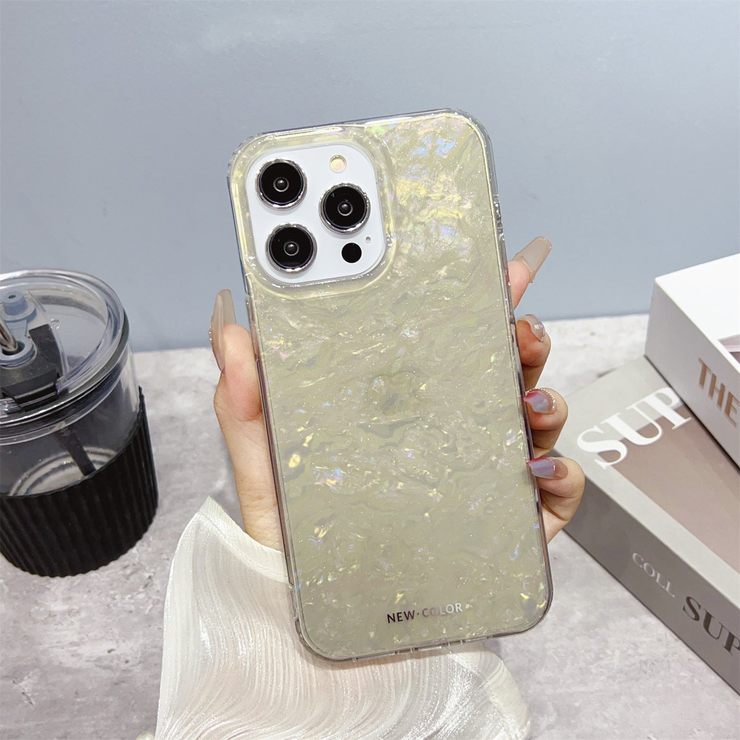 Uniqkart for iPhone 14 Pro Max IMD Shell Pattern Case TPU+PC Anti-Scratch Phone Cover - Light Grey