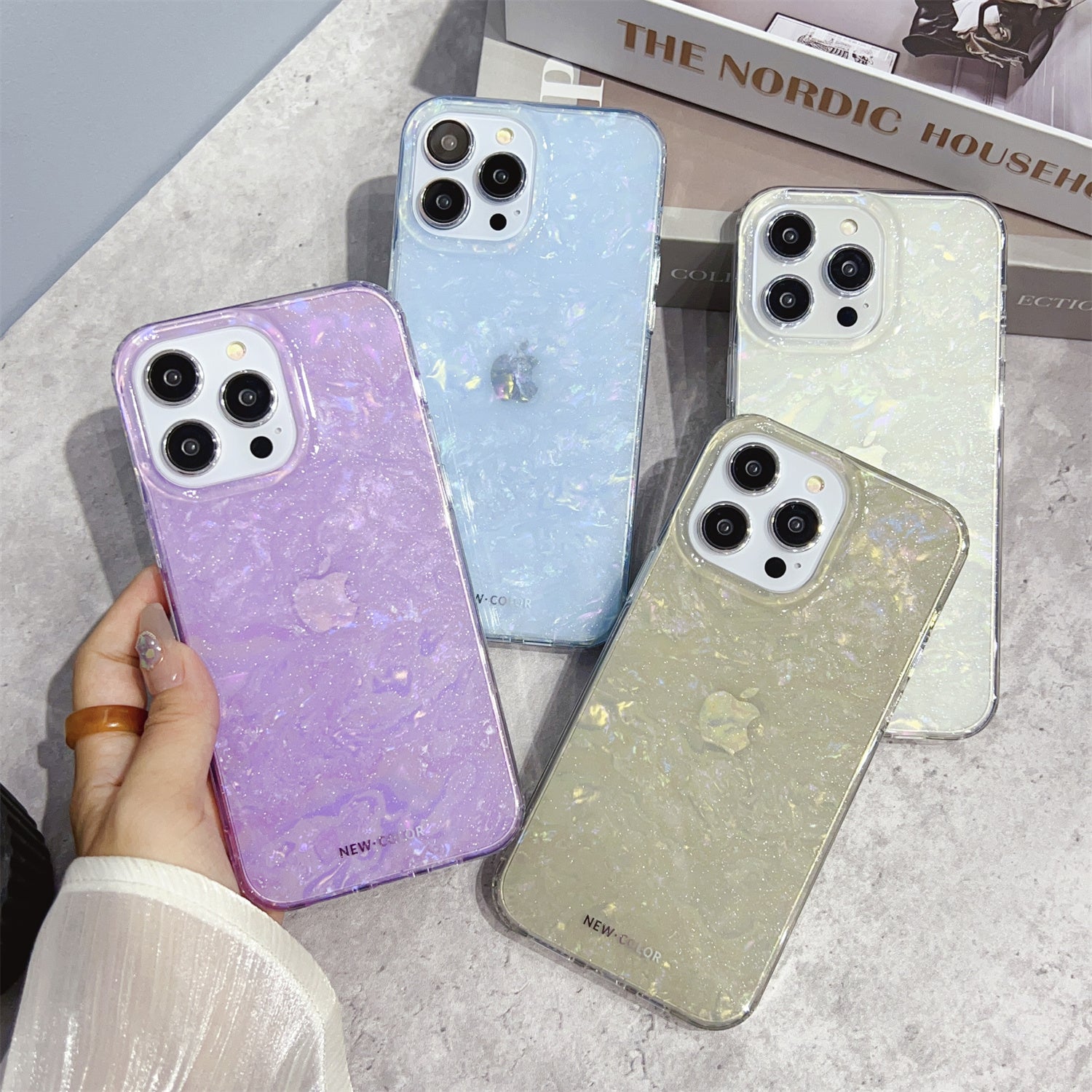 Uniqkart for iPhone 14 Pro Max IMD Shell Pattern Case TPU+PC Anti-Scratch Phone Cover - Light Grey
