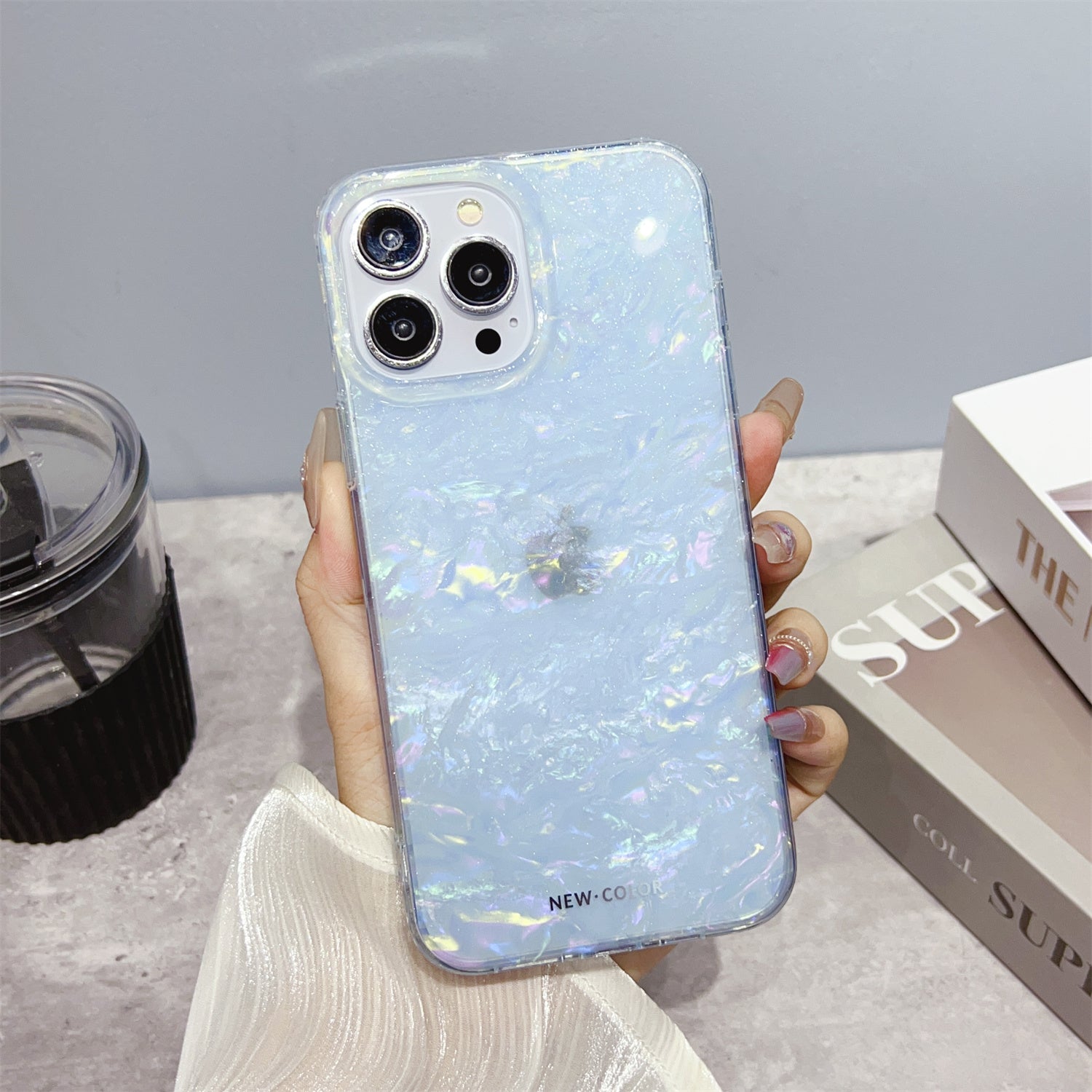 Uniqkart for iPhone 14 Pro Max IMD Shell Pattern Case TPU+PC Anti-Scratch Phone Cover - Baby Blue