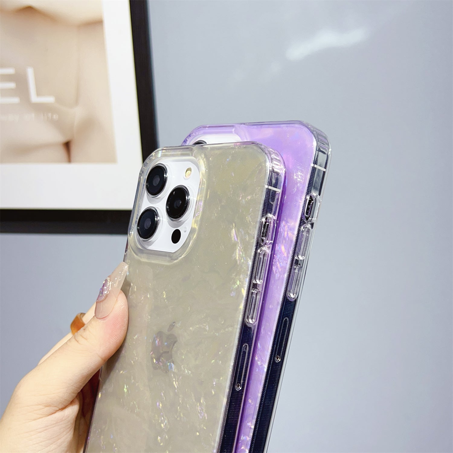 Uniqkart for iPhone 13 Pro Max 6.7 inch Shell Pattern TPU+PC Phone Case IMD Anti-scratch Cover - Light Purple