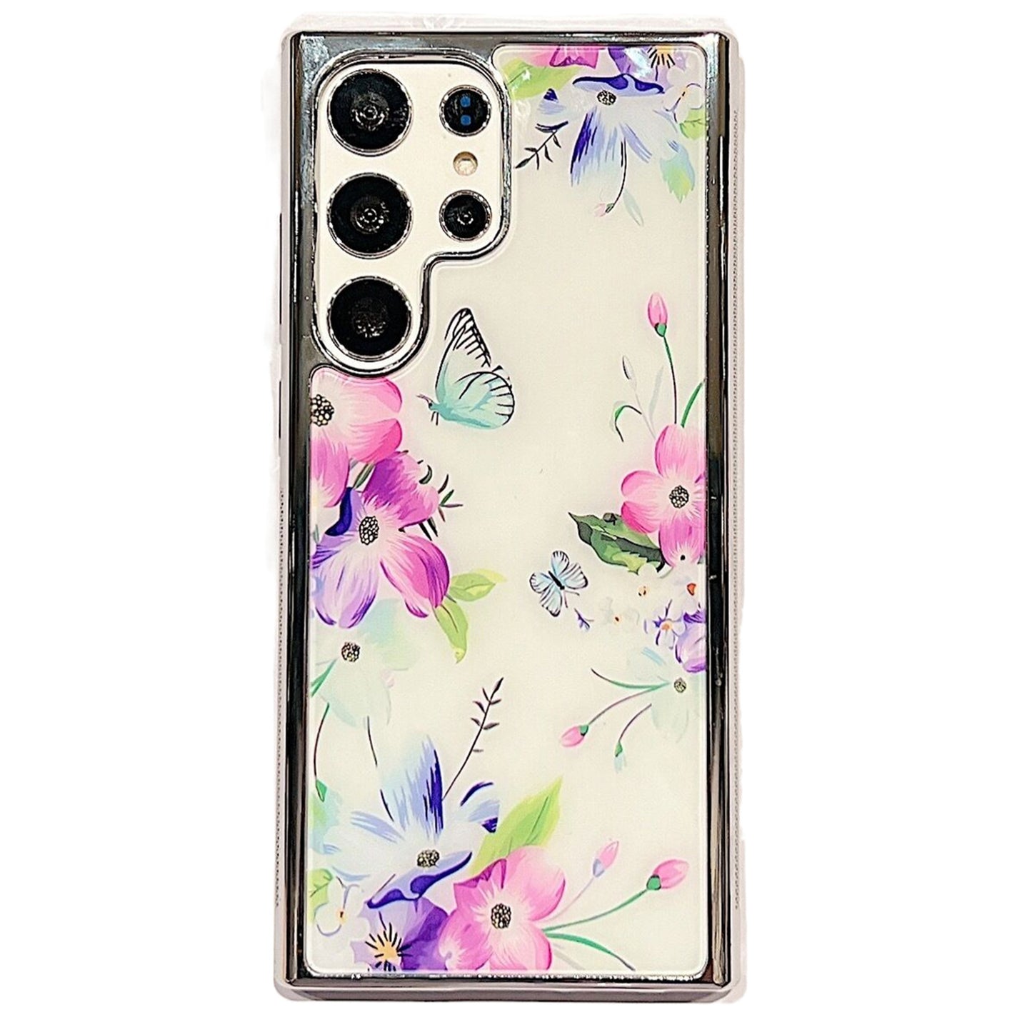 Uniqkart for Samsung Galaxy S23 Ultra Flower Pattern Electroplating Edge IMD Cover PC+TPU Phone Case - Style B