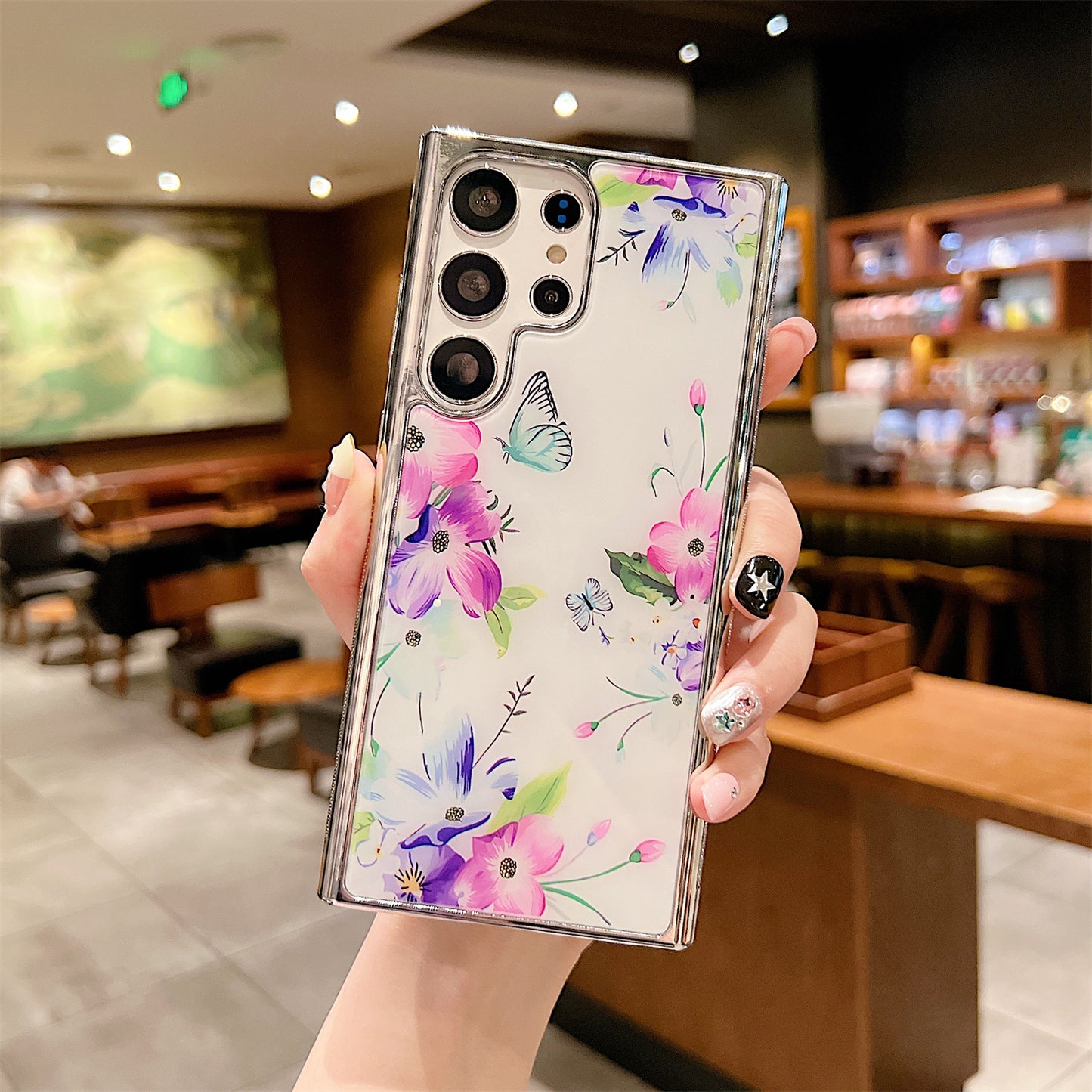 Uniqkart for Samsung Galaxy S23 Ultra Flower Pattern Electroplating Edge IMD Cover PC+TPU Phone Case - Style B