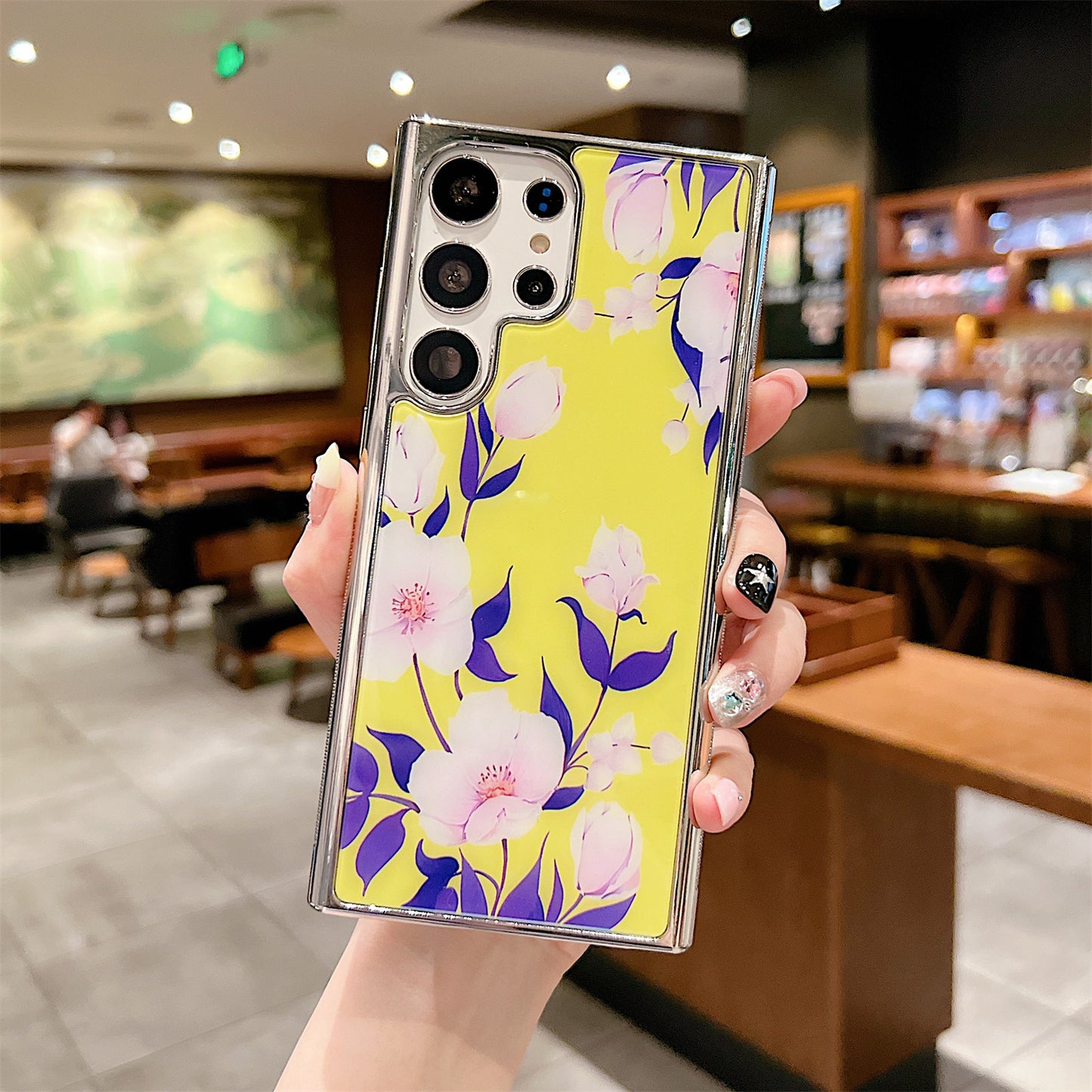 Uniqkart for Samsung Galaxy S23 Ultra Flower Pattern Electroplating Edge IMD Cover PC+TPU Phone Case - Style E