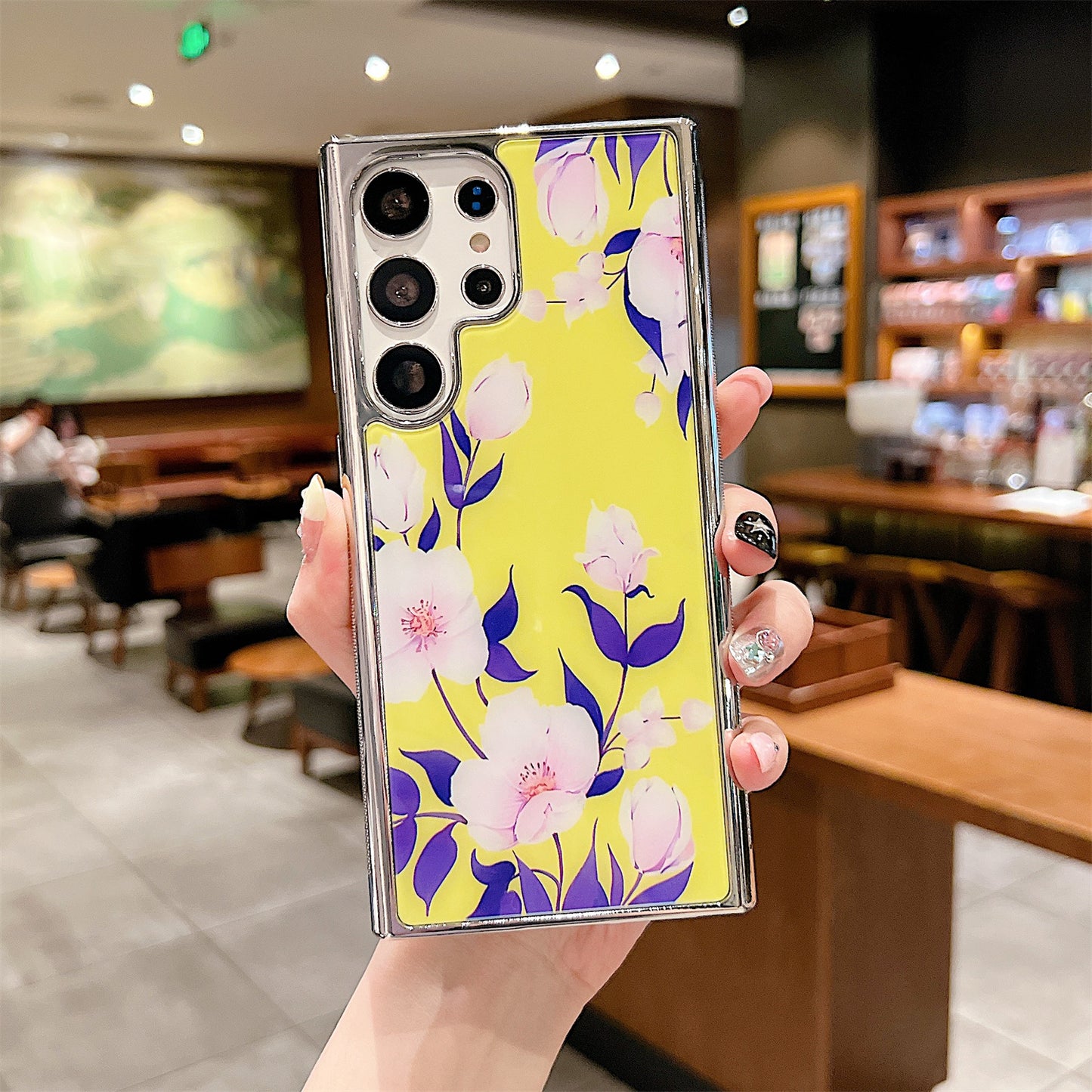 Uniqkart for Samsung Galaxy S23 Ultra Flower Pattern Electroplating Edge IMD Cover PC+TPU Phone Case - Style E