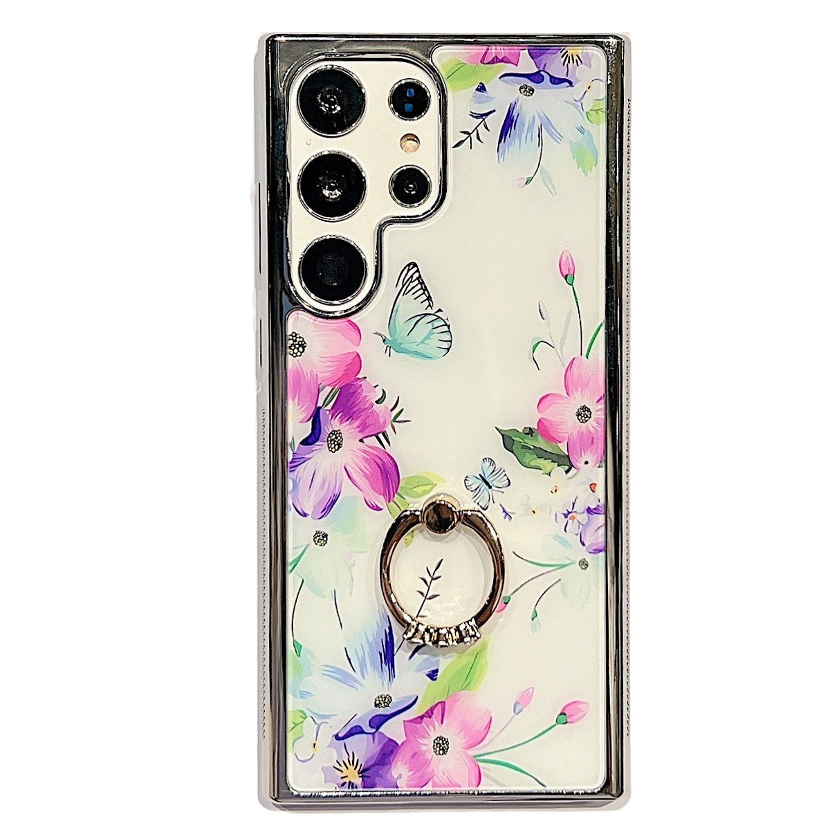 Uniqkart for Samsung Galaxy S23 Ultra IMD Flower Pattern Electroplating Cover PC+TPU Phone Case with Ring Kickstand - Style B