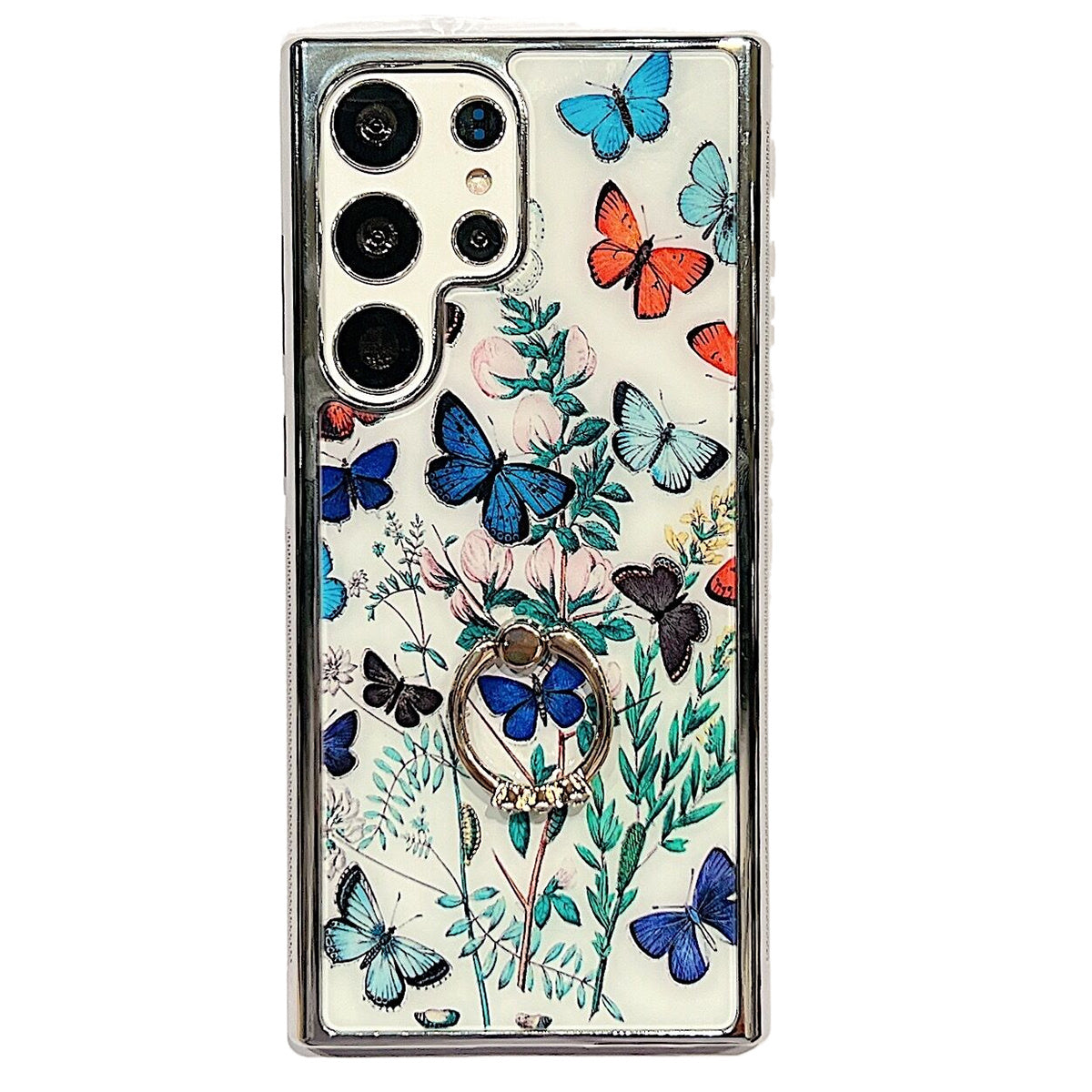 Uniqkart for Samsung Galaxy S23 Ultra IMD Flower Pattern Electroplating Cover PC+TPU Phone Case with Ring Kickstand - Style C