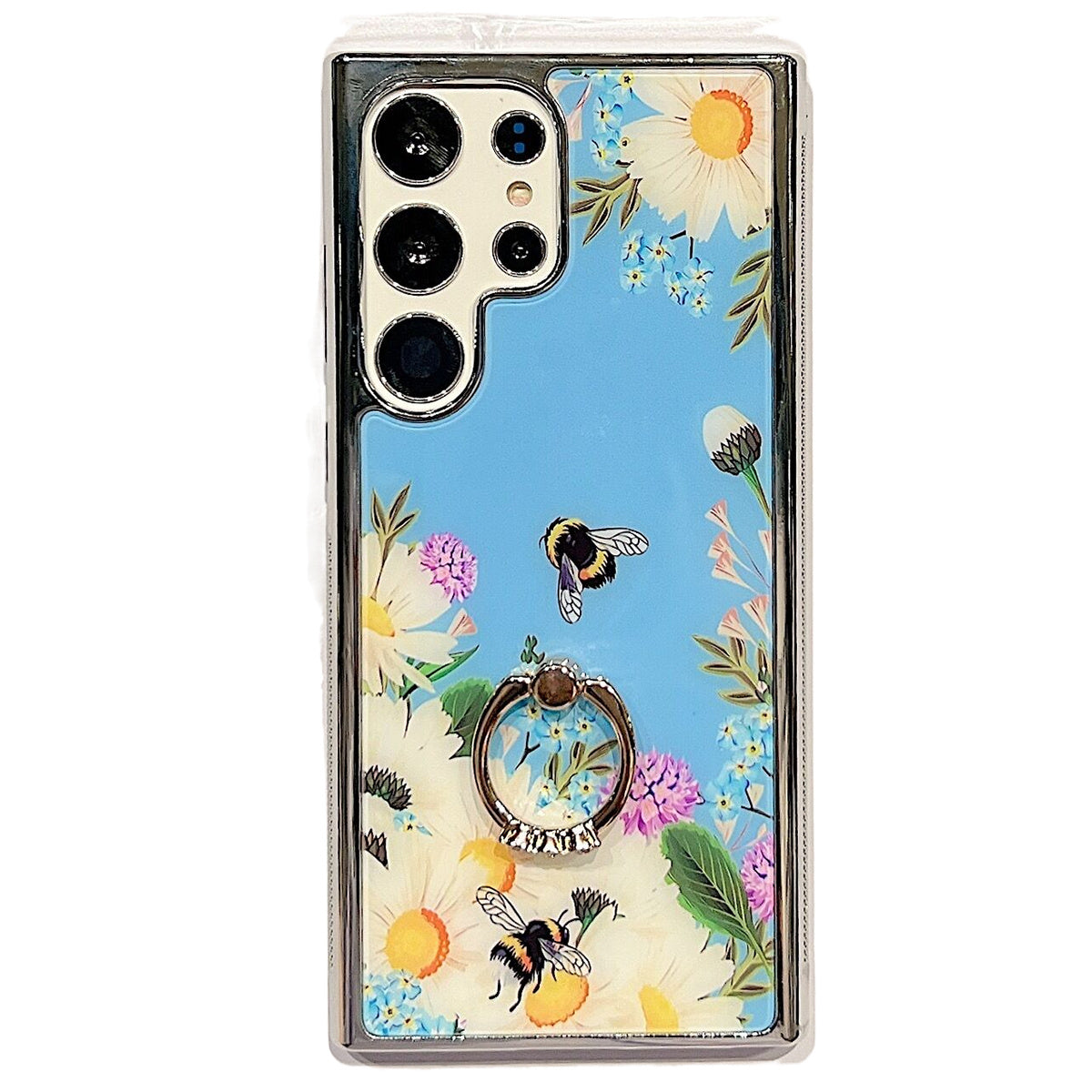 Uniqkart for Samsung Galaxy S23 Ultra IMD Flower Pattern Electroplating Cover PC+TPU Phone Case with Ring Kickstand - Style E