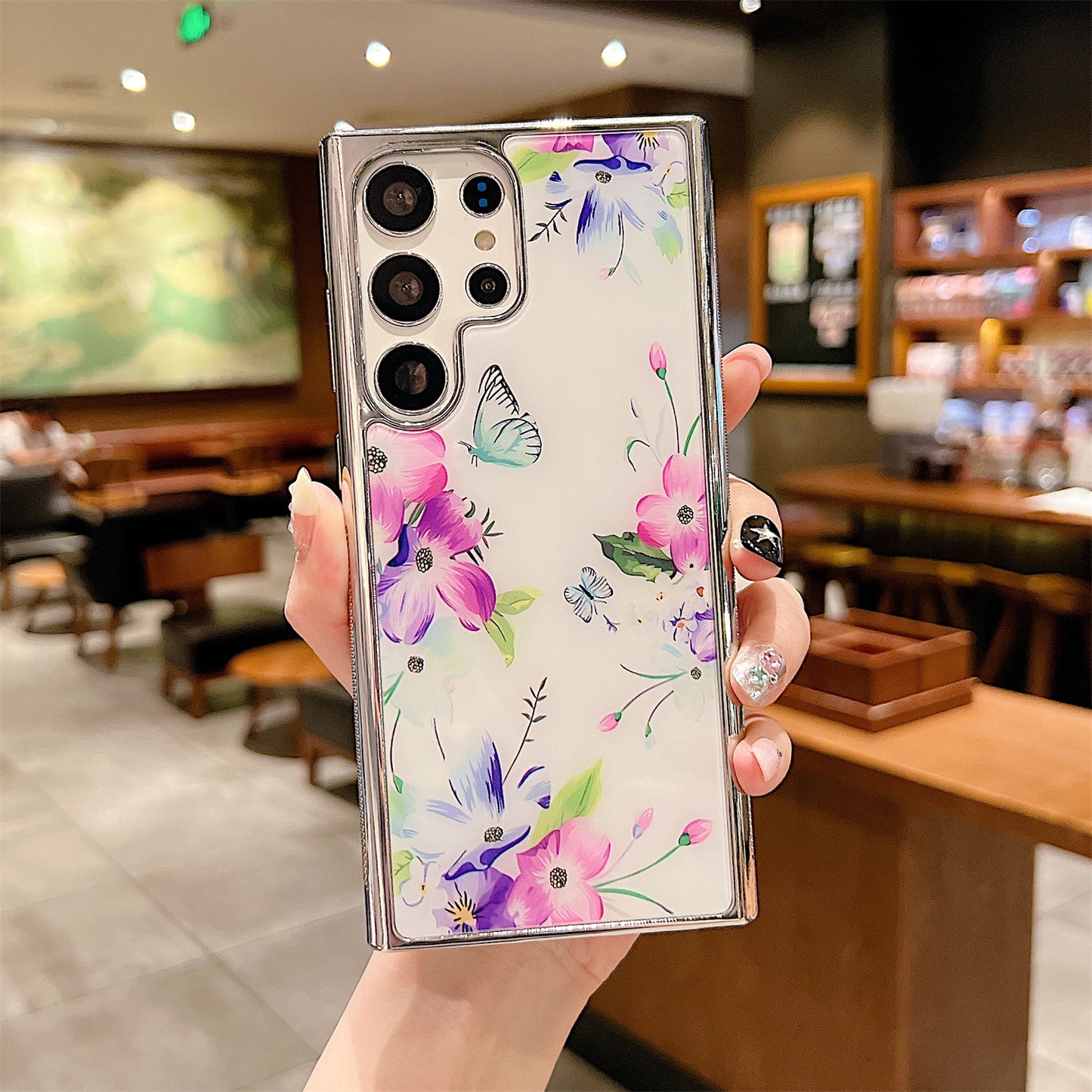 PC+TPU Phone Case for Samsung Galaxy S22 Ultra 5G Flower Pattern Electroplating Edge IMD Cover - Style B