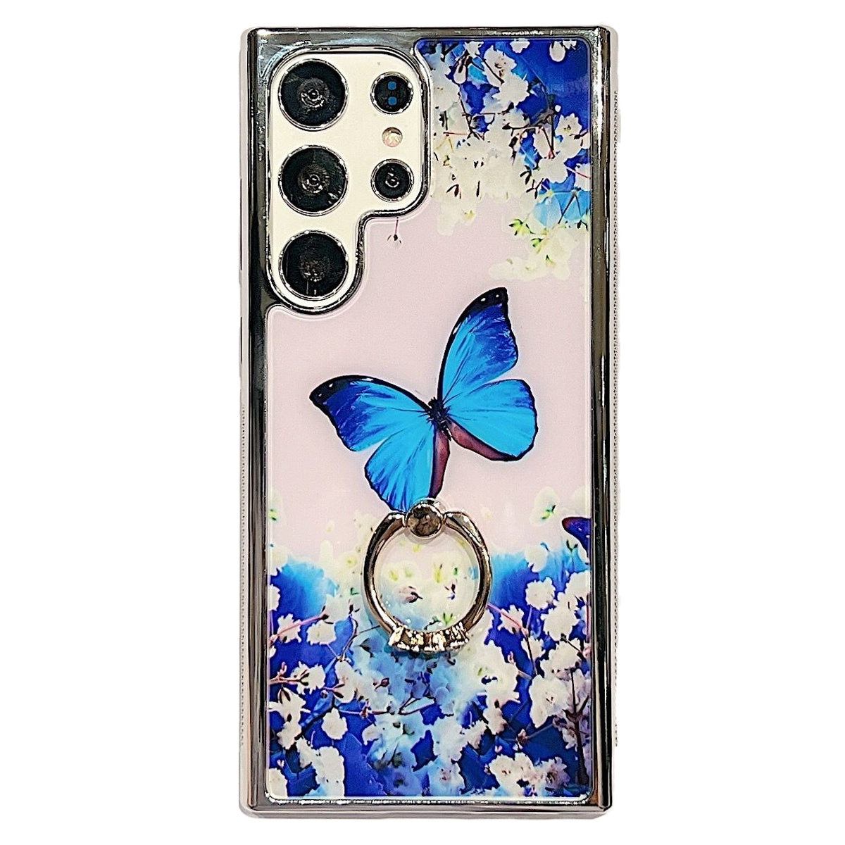 Electroplating Cover for Samsung Galaxy S22 Ultra 5G IMD Flower Pattern PC+TPU Phone Case with Ring Kickstand - Style A