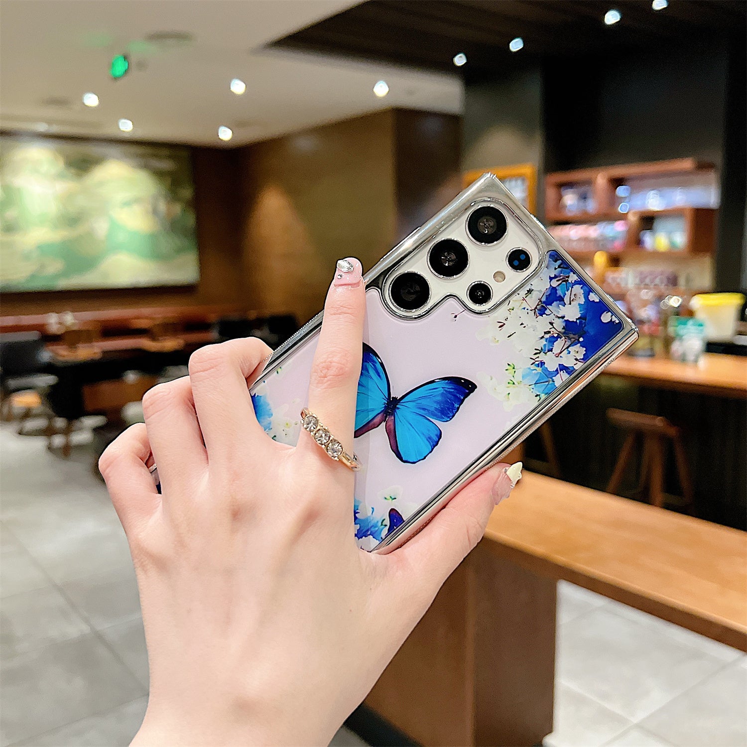 Electroplating Cover for Samsung Galaxy S22 Ultra 5G IMD Flower Pattern PC+TPU Phone Case with Ring Kickstand - Style A