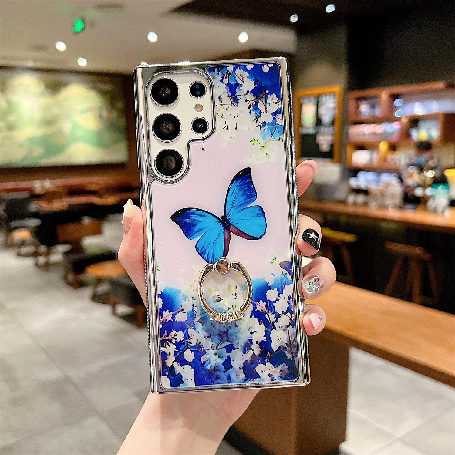 Electroplating Cover for Samsung Galaxy S22 Ultra 5G IMD Flower Pattern PC+TPU Phone Case with Ring Kickstand - Style A