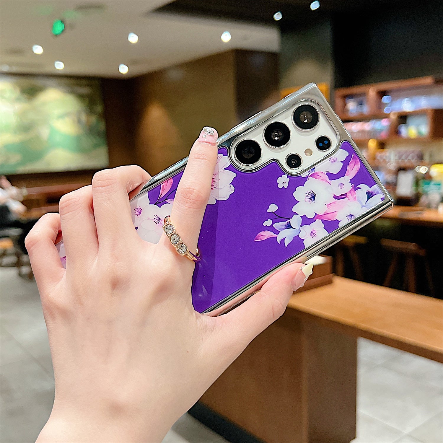 Electroplating Cover for Samsung Galaxy S22 Ultra 5G IMD Flower Pattern PC+TPU Phone Case with Ring Kickstand - Style B