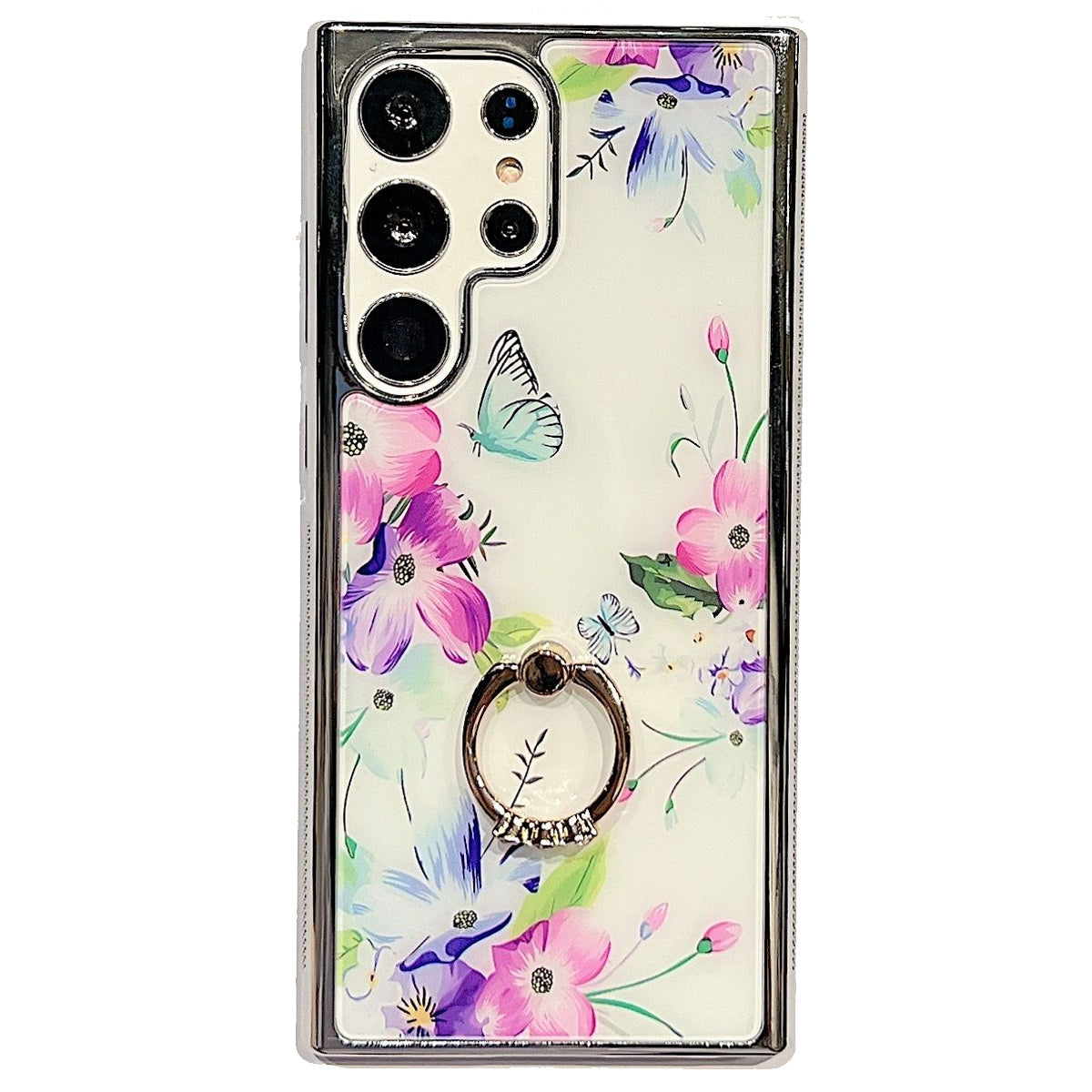 Electroplating Cover for Samsung Galaxy S22 Ultra 5G IMD Flower Pattern PC+TPU Phone Case with Ring Kickstand - Style C