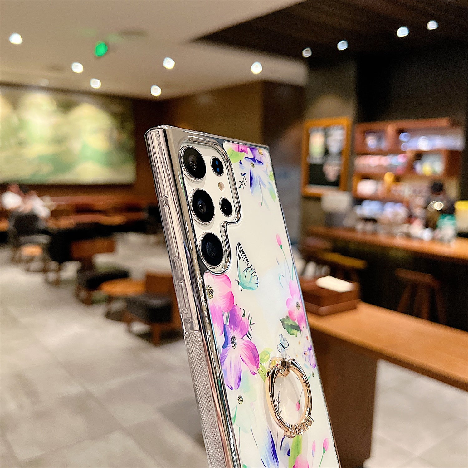 Electroplating Cover for Samsung Galaxy S22 Ultra 5G IMD Flower Pattern PC+TPU Phone Case with Ring Kickstand - Style C