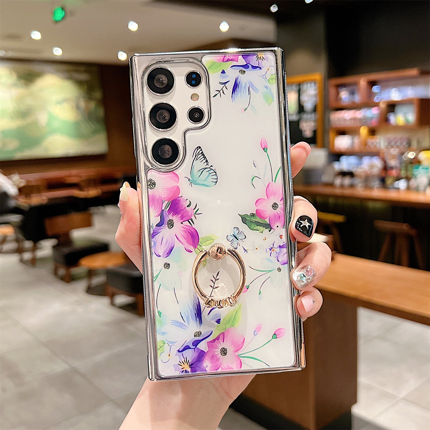 Electroplating Cover for Samsung Galaxy S22 Ultra 5G IMD Flower Pattern PC+TPU Phone Case with Ring Kickstand - Style C