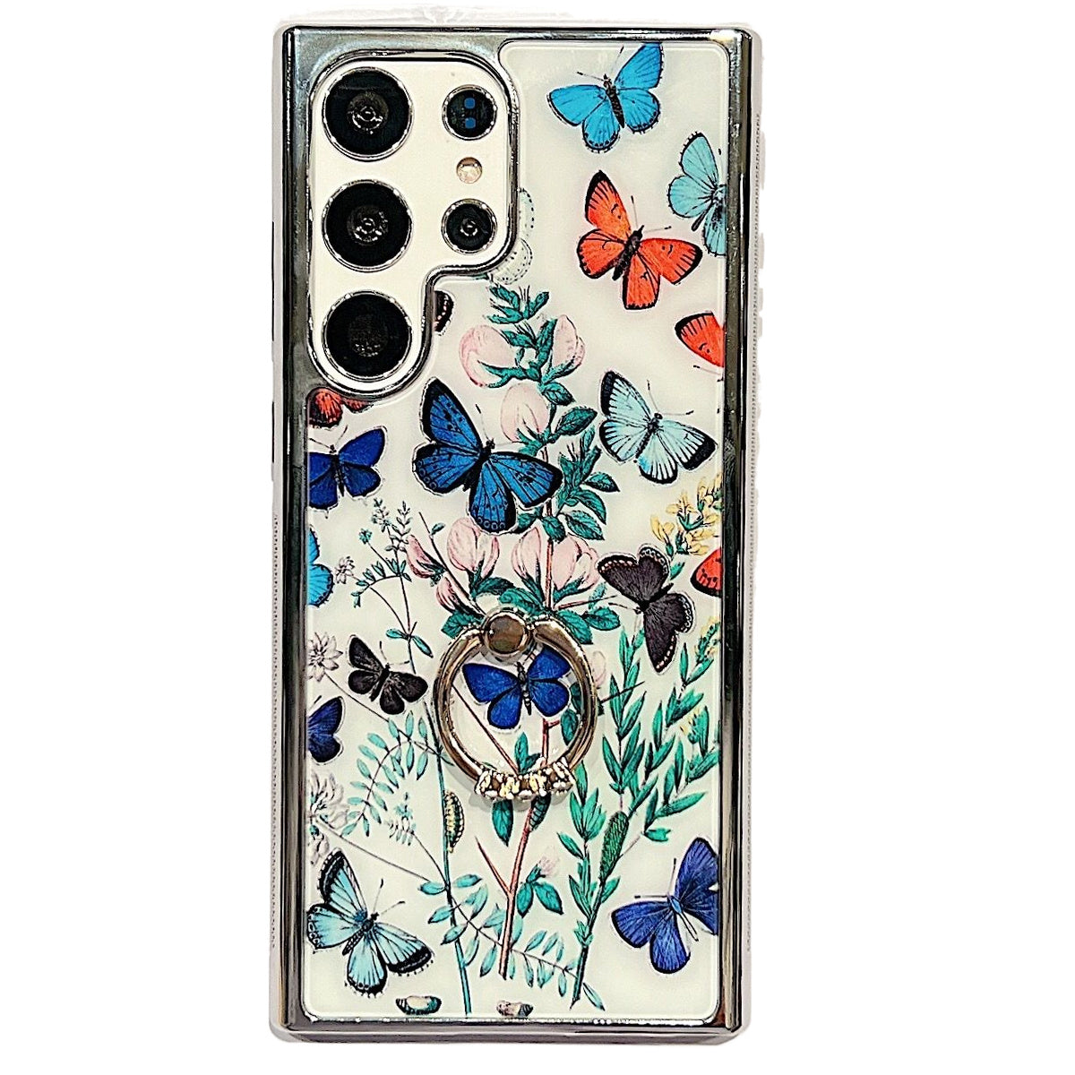 Electroplating Cover for Samsung Galaxy S22 Ultra 5G IMD Flower Pattern PC+TPU Phone Case with Ring Kickstand - Style D
