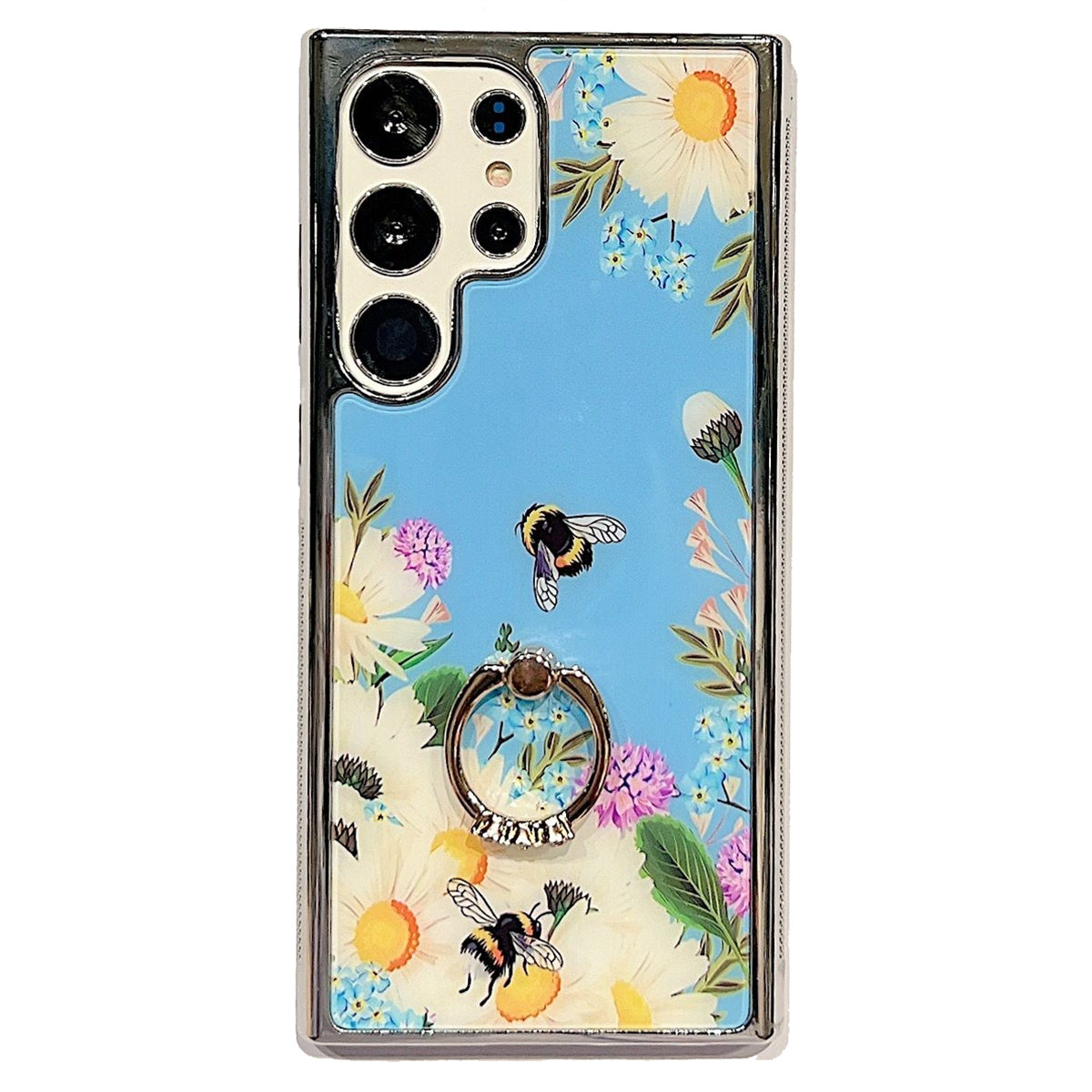 Electroplating Cover for Samsung Galaxy S22 Ultra 5G IMD Flower Pattern PC+TPU Phone Case with Ring Kickstand - Style F