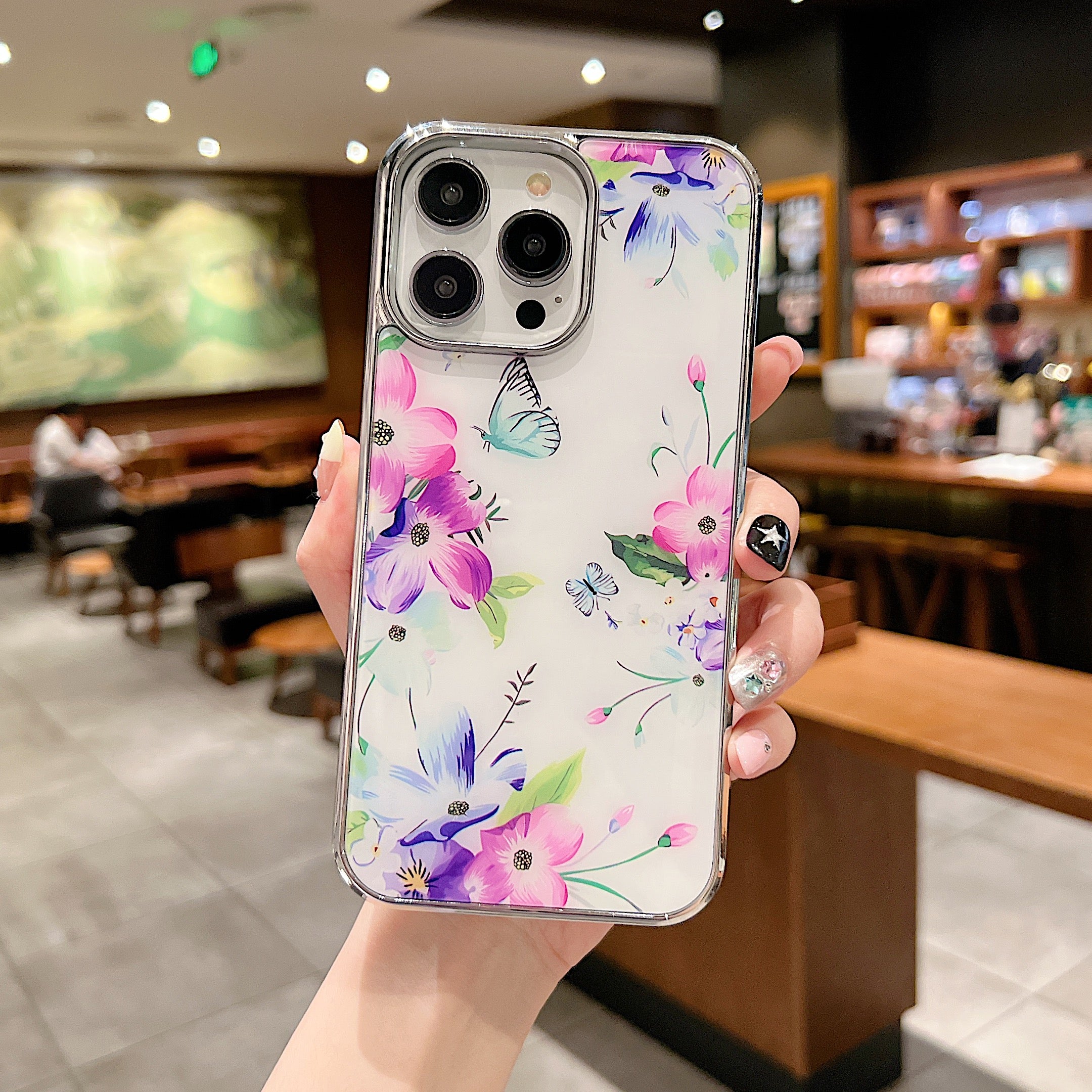 Uniqkart for iPhone 14 Pro Anti-scratch Flower Pattern IMD Cover PC+TPU Electroplating Edge Phone Case - Style A