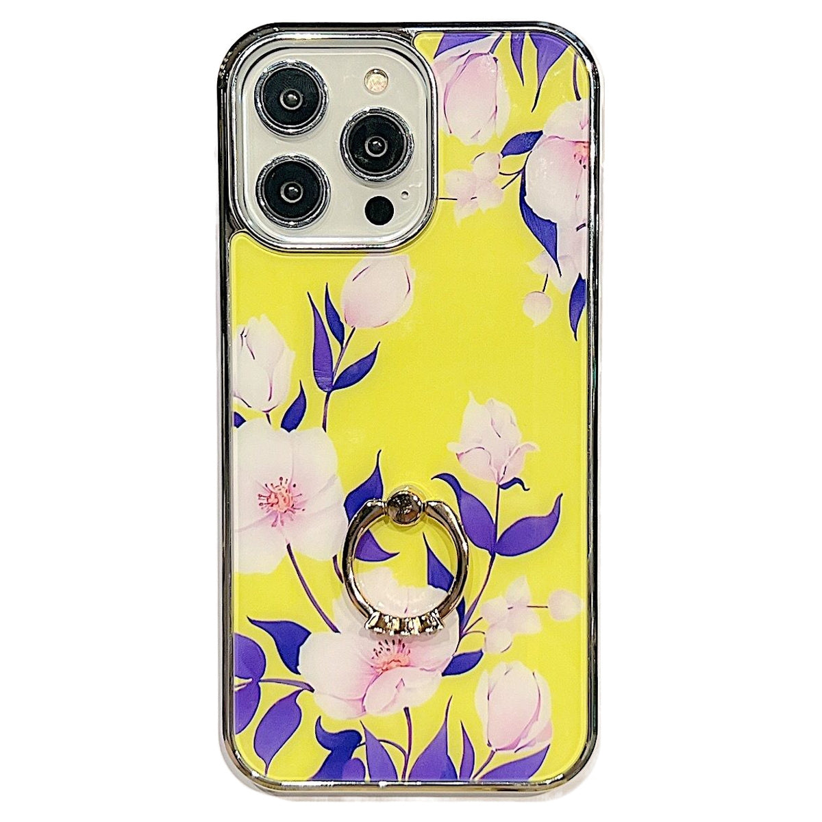 Uniqkart for iPhone 14 Pro Max Ring Kickstand Phone Case IMD Flower Pattern Electroplating PC+TPU Cover - Style A