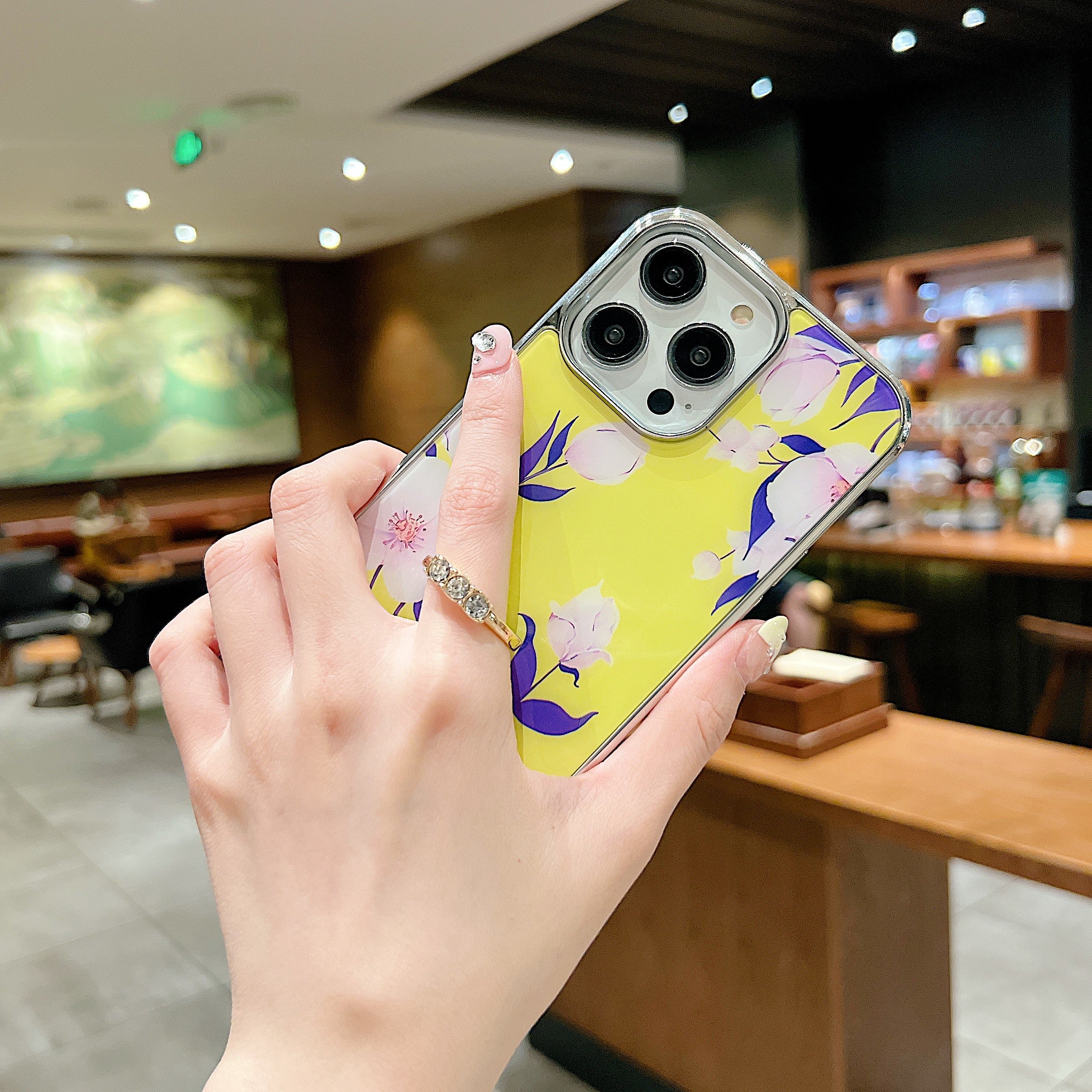 Uniqkart for iPhone 14 Pro Max Ring Kickstand Phone Case IMD Flower Pattern Electroplating PC+TPU Cover - Style A