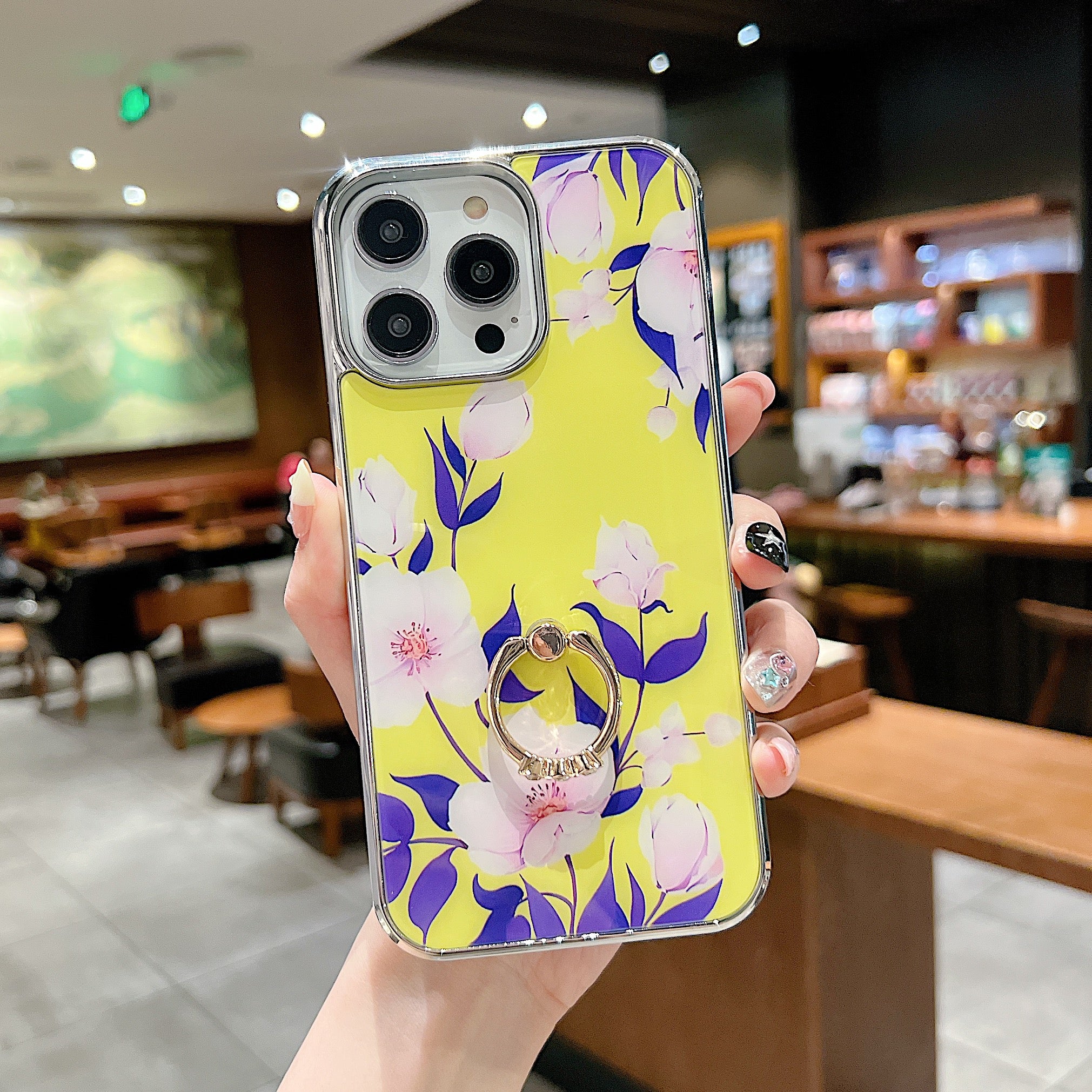 Uniqkart for iPhone 14 Pro Max Ring Kickstand Phone Case IMD Flower Pattern Electroplating PC+TPU Cover - Style A