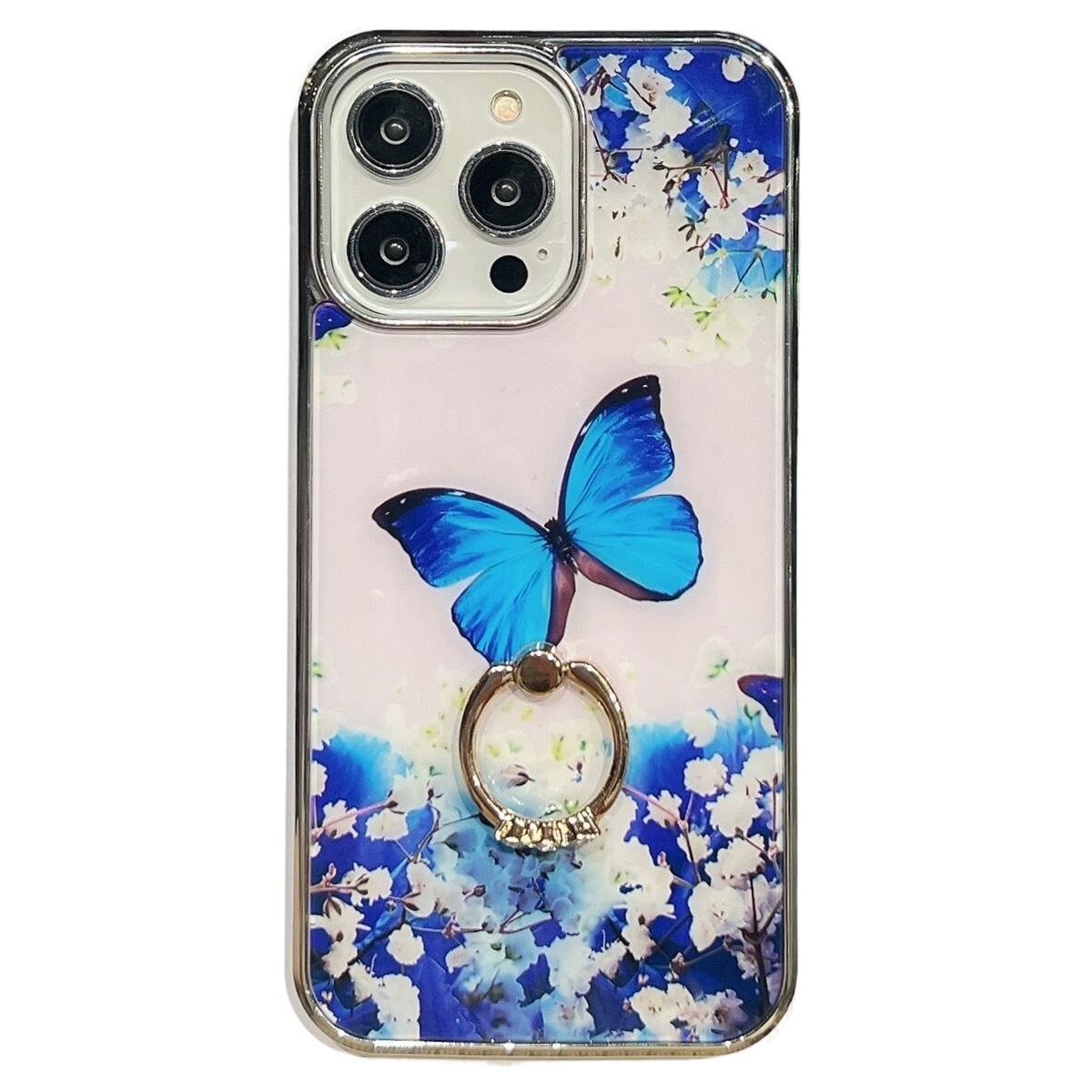Uniqkart for iPhone 14 Pro Max Ring Kickstand Phone Case IMD Flower Pattern Electroplating PC+TPU Cover - Style D