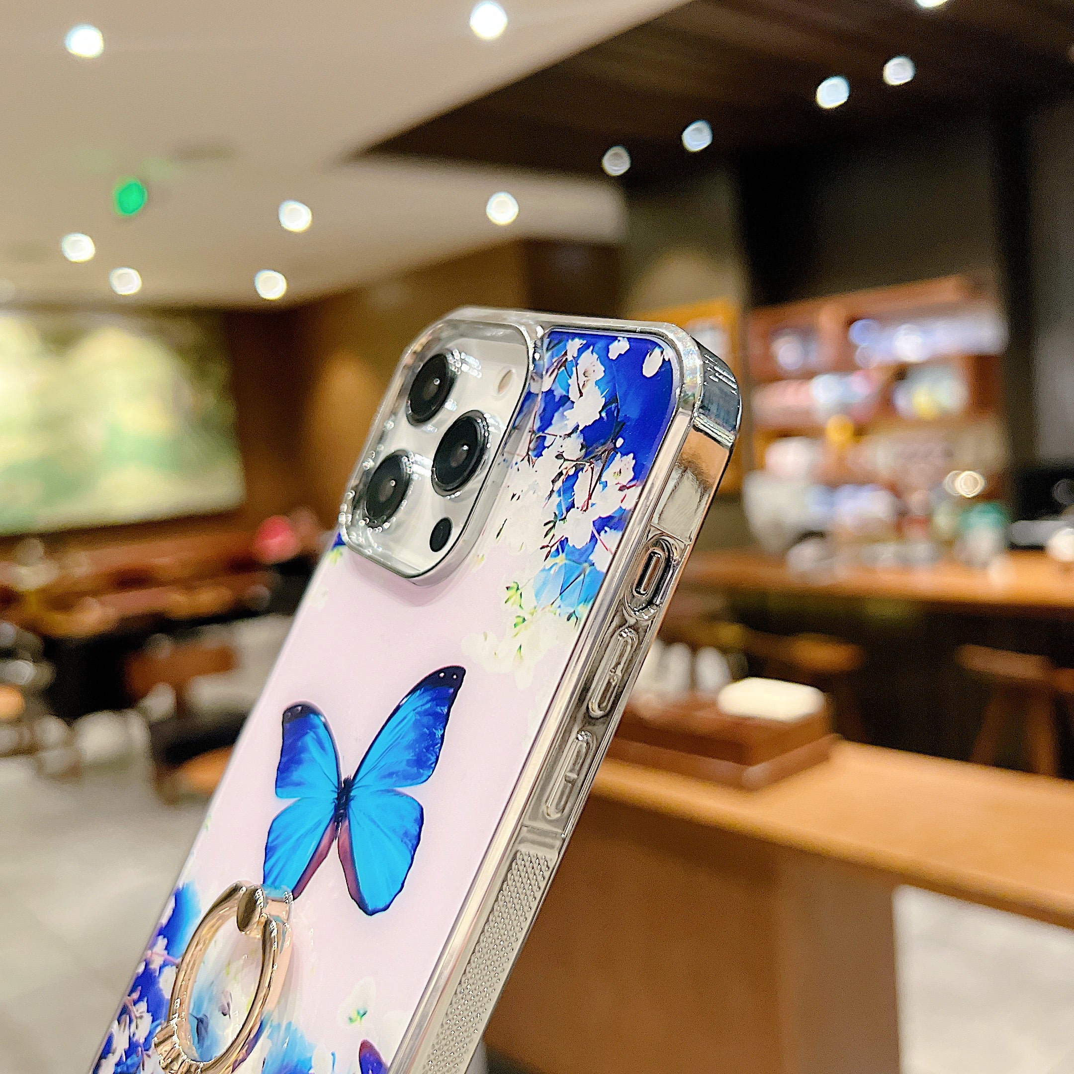 Uniqkart for iPhone 14 Pro Max Ring Kickstand Phone Case IMD Flower Pattern Electroplating PC+TPU Cover - Style D