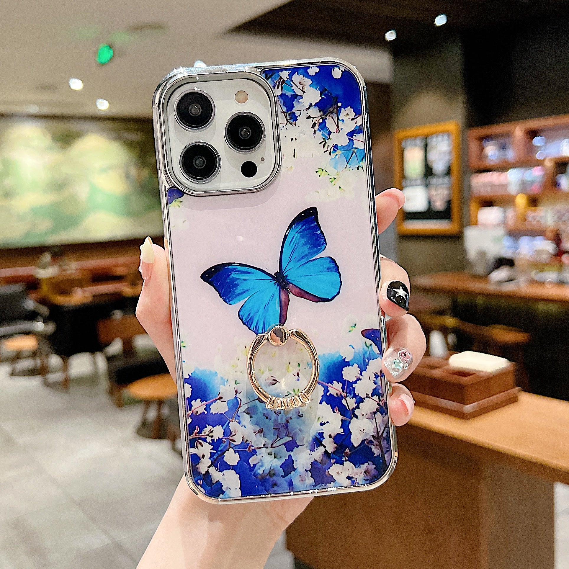 Uniqkart for iPhone 14 Pro Max Ring Kickstand Phone Case IMD Flower Pattern Electroplating PC+TPU Cover - Style D