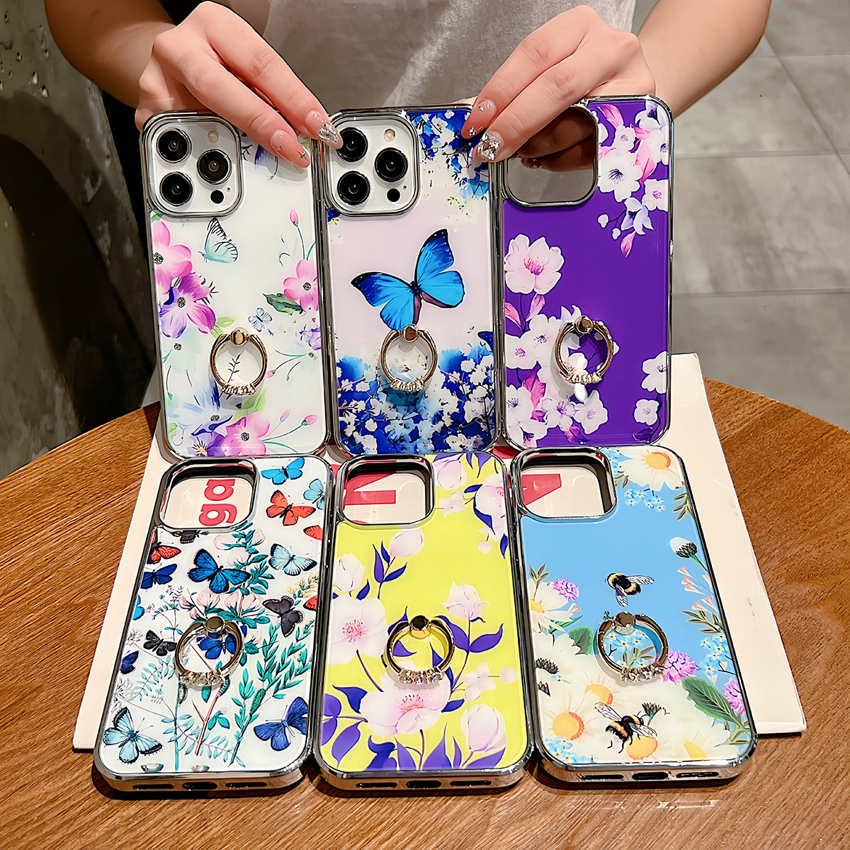 Uniqkart for iPhone 14 Pro Max Ring Kickstand Phone Case IMD Flower Pattern Electroplating PC+TPU Cover - Style D