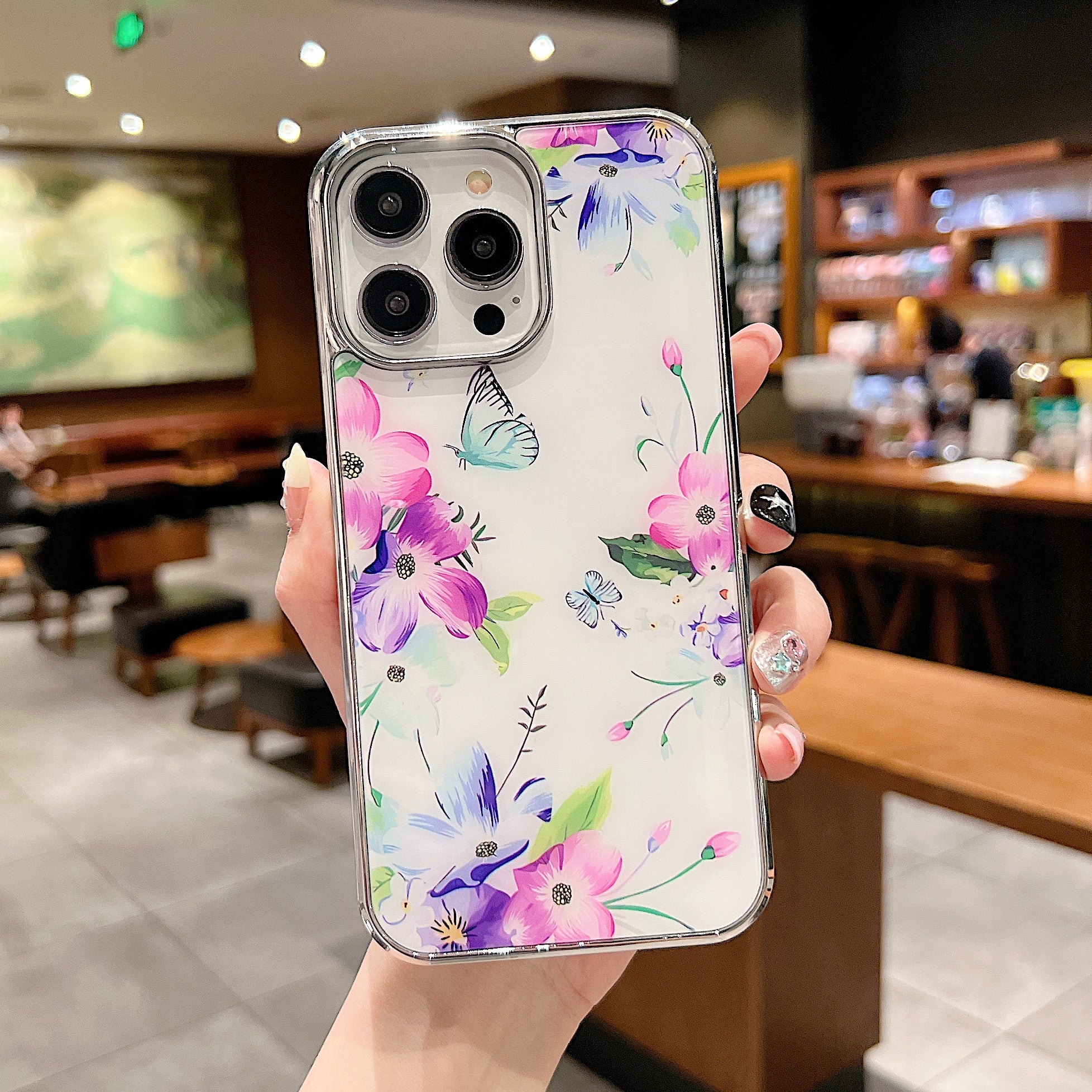 Uniqkart for iPhone 14 Pro Max Electroplating Edge IMD Cover Flower Pattern Anti-drop PC+TPU Phone Case - Style B
