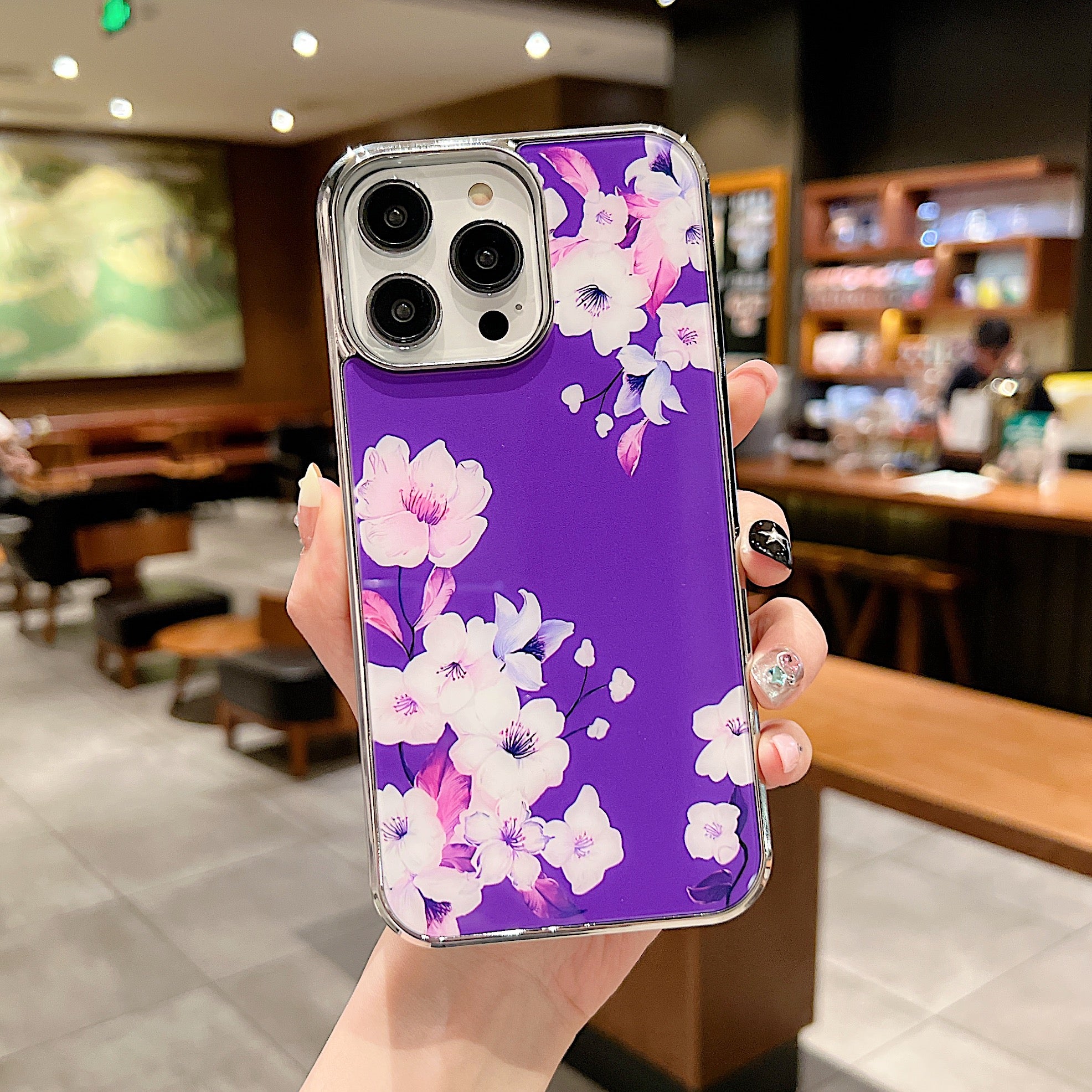 Uniqkart for iPhone 14 Pro Max Electroplating Edge IMD Cover Flower Pattern Anti-drop PC+TPU Phone Case - Style F