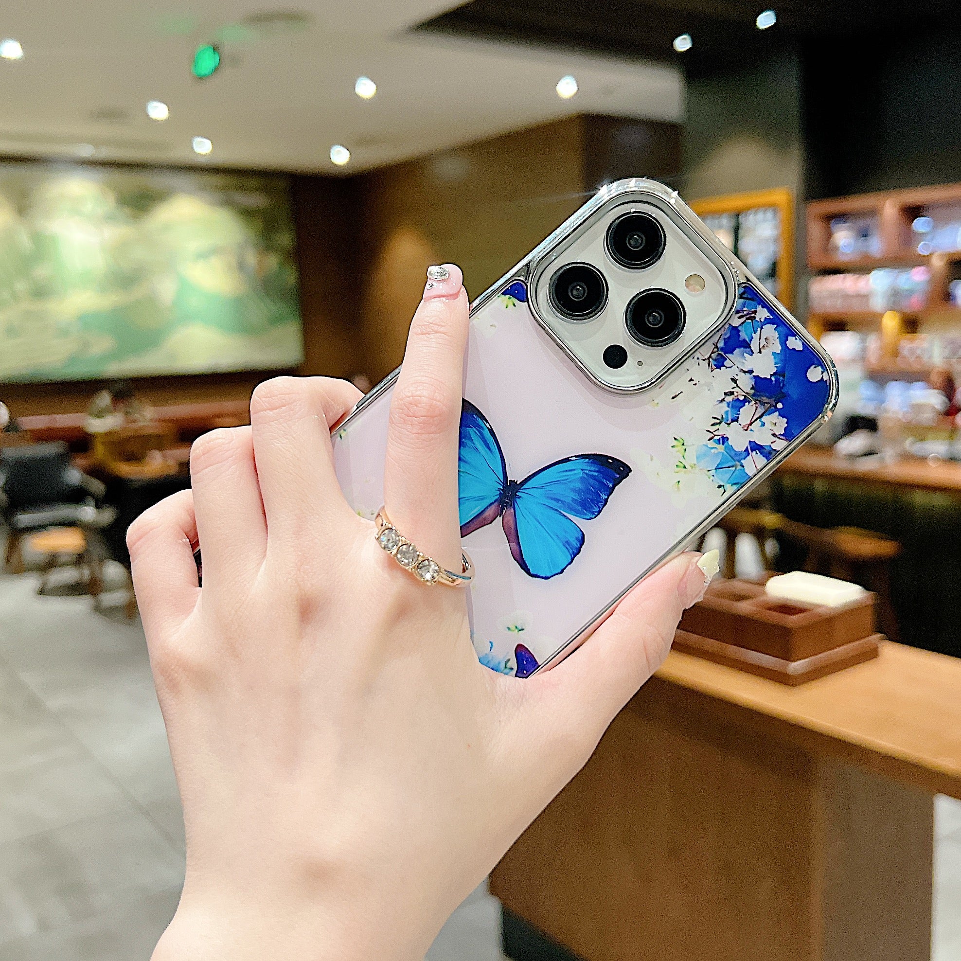 Uniqkart for iPhone 14 Pro Ring Kickstand Anti-fall Phone Case IMD Flower Pattern Electroplating PC+TPU Cover - Style D
