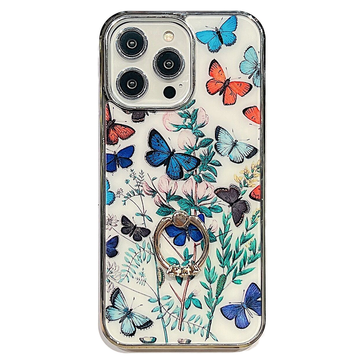 Uniqkart for iPhone 13 Pro Max 6.7 inch Ring Kickstand IMD Flower Pattern Phone Case Electroplating PC+TPU Cover - Style D