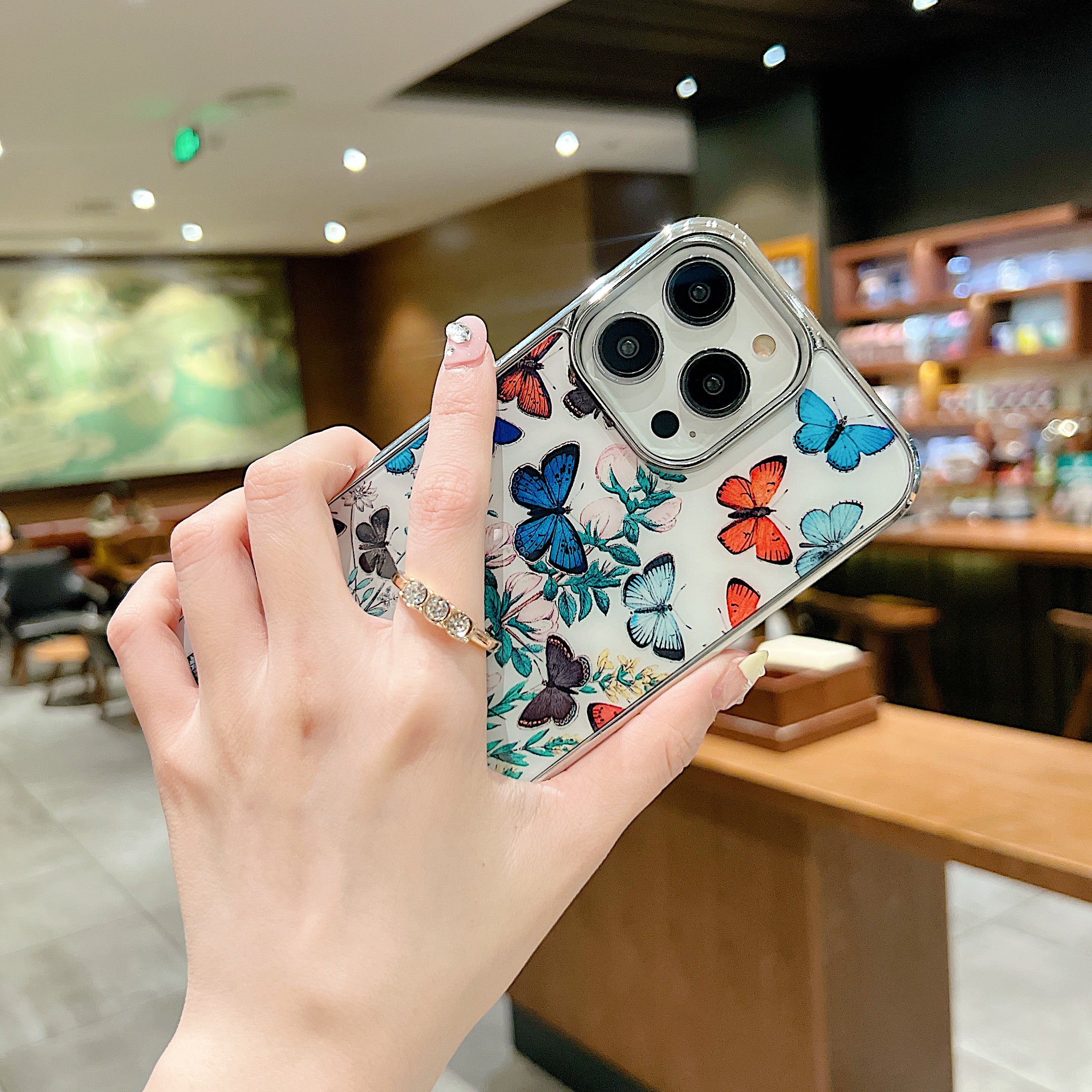 Uniqkart for iPhone 13 Pro Max 6.7 inch Ring Kickstand IMD Flower Pattern Phone Case Electroplating PC+TPU Cover - Style D
