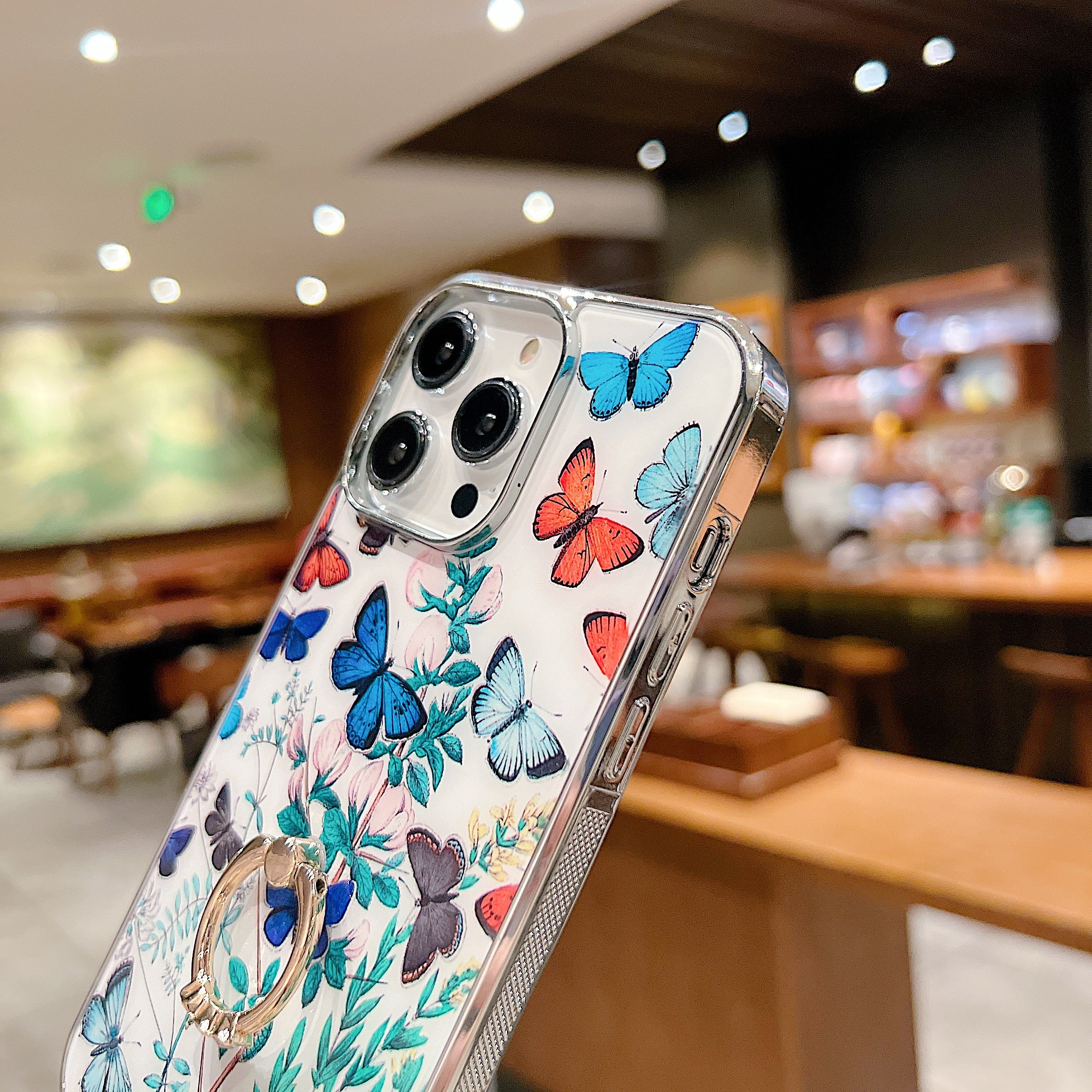 Uniqkart for iPhone 13 Pro Max 6.7 inch Ring Kickstand IMD Flower Pattern Phone Case Electroplating PC+TPU Cover - Style D